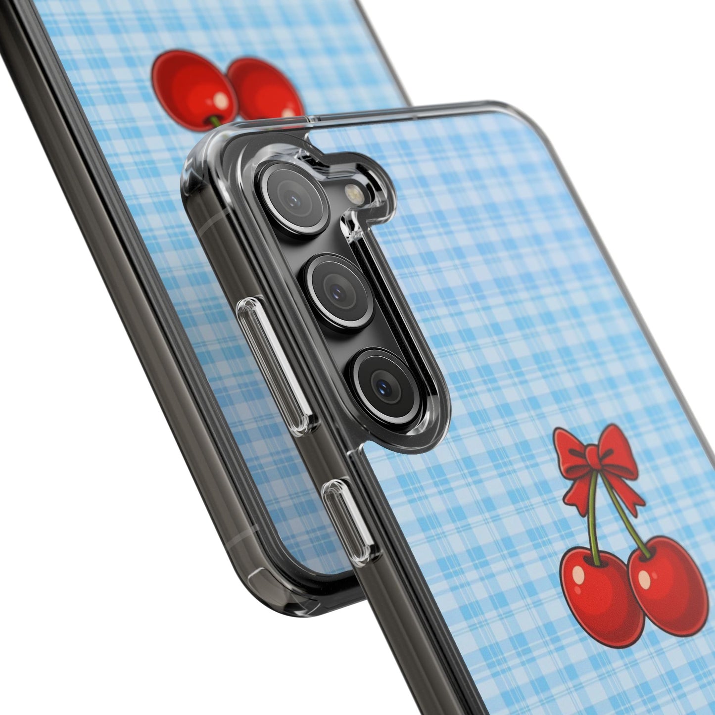 Clear Cherry Gingham Phone Case — Impact-Resistant Clear Case with Red Cherry Design