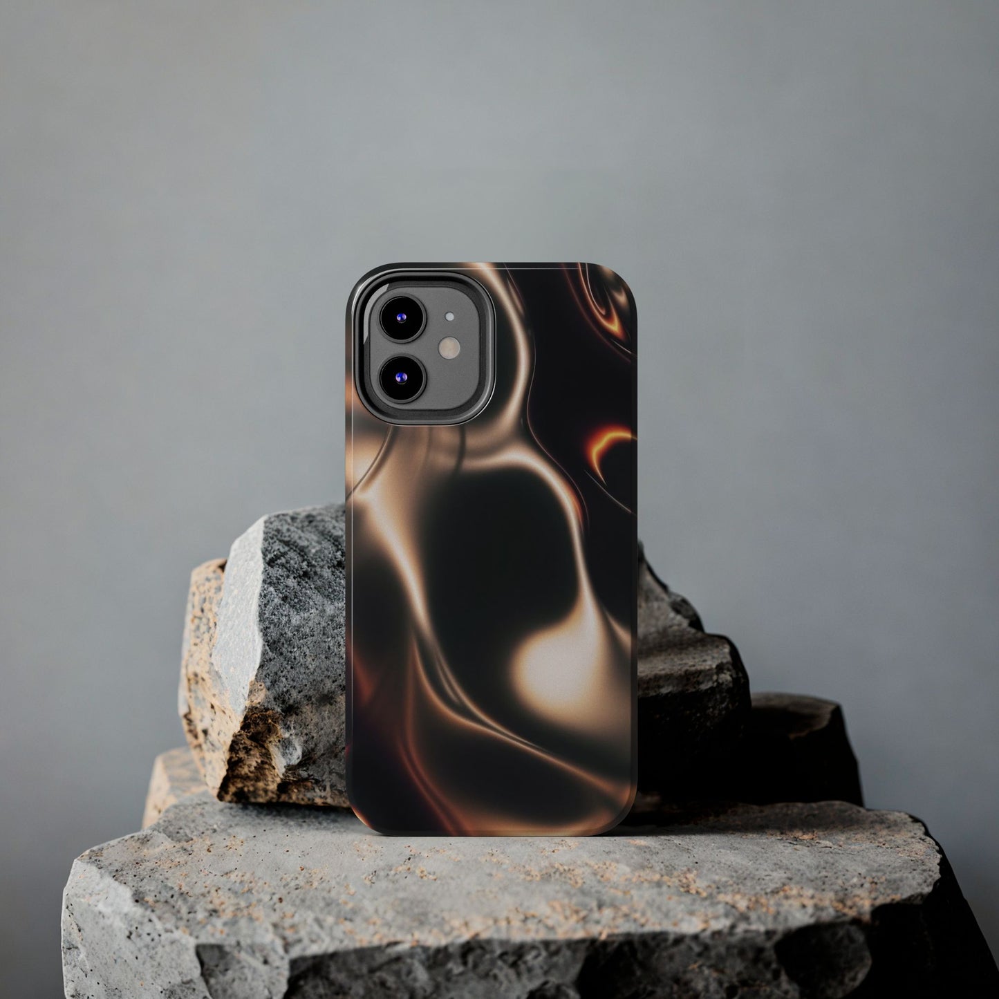 Abstract Liquid Glow Tough Phone Case — Black & Bronze Swirl Protective Cover