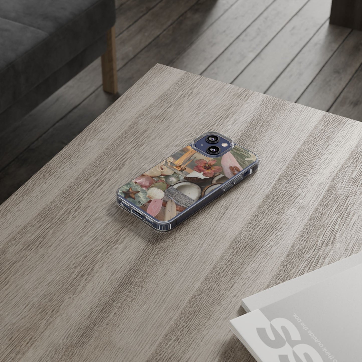Clear Phone Case — Coastal Collage Shells & Surf Design