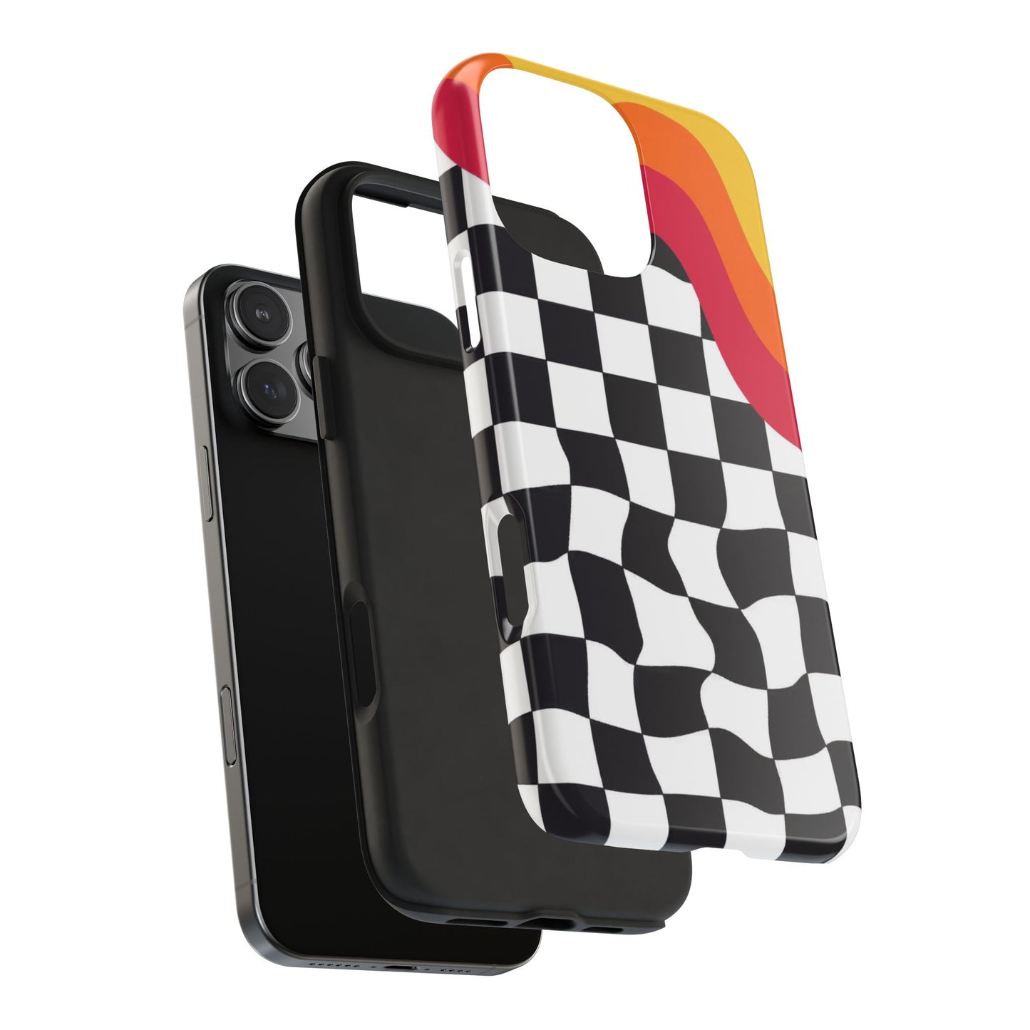 Retro Wavy Checkerboard Tough Phone Case — Rainbow Surf Skate Design