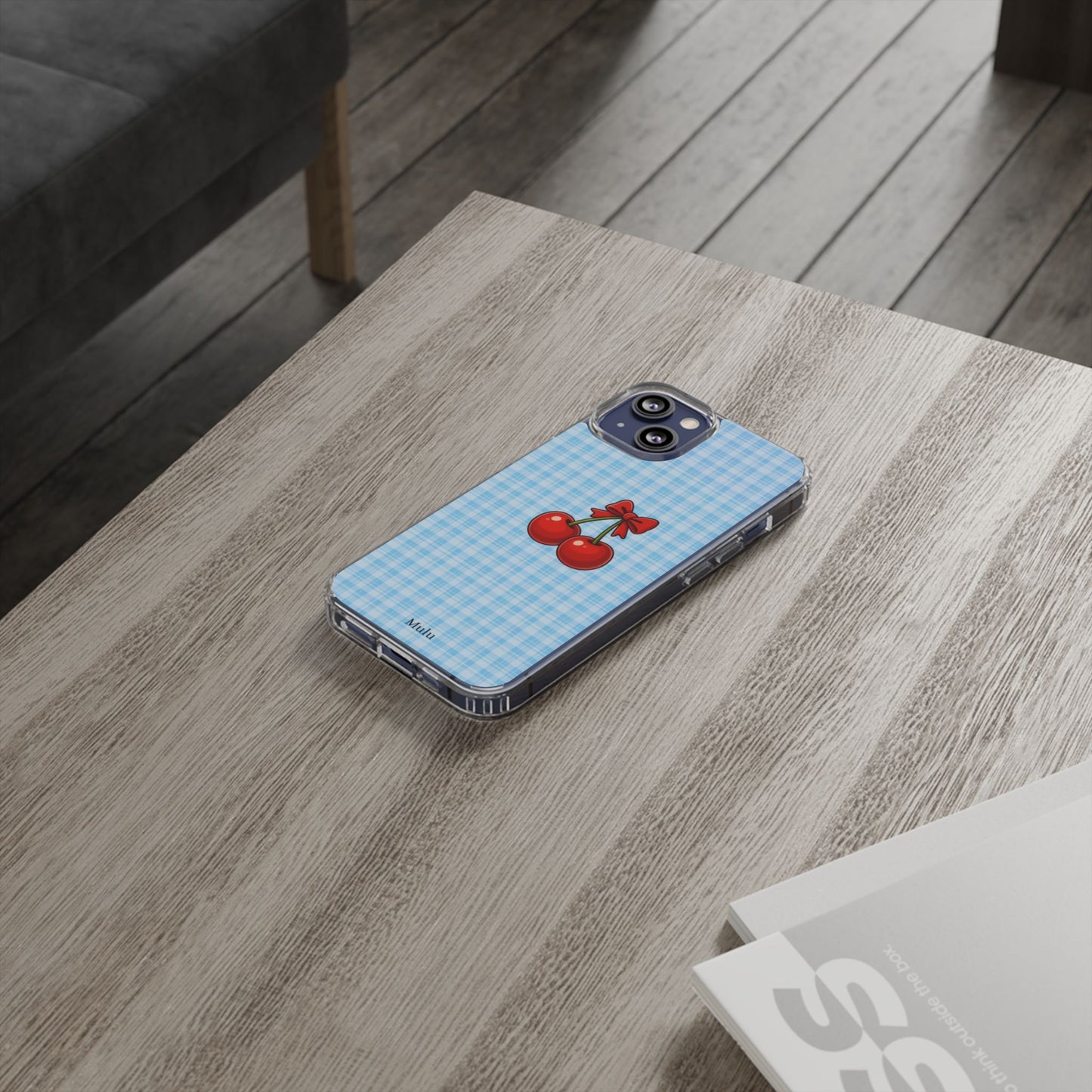 Clear Cherry Gingham Phone Case — Impact-Resistant Clear Case with Red Cherry Design