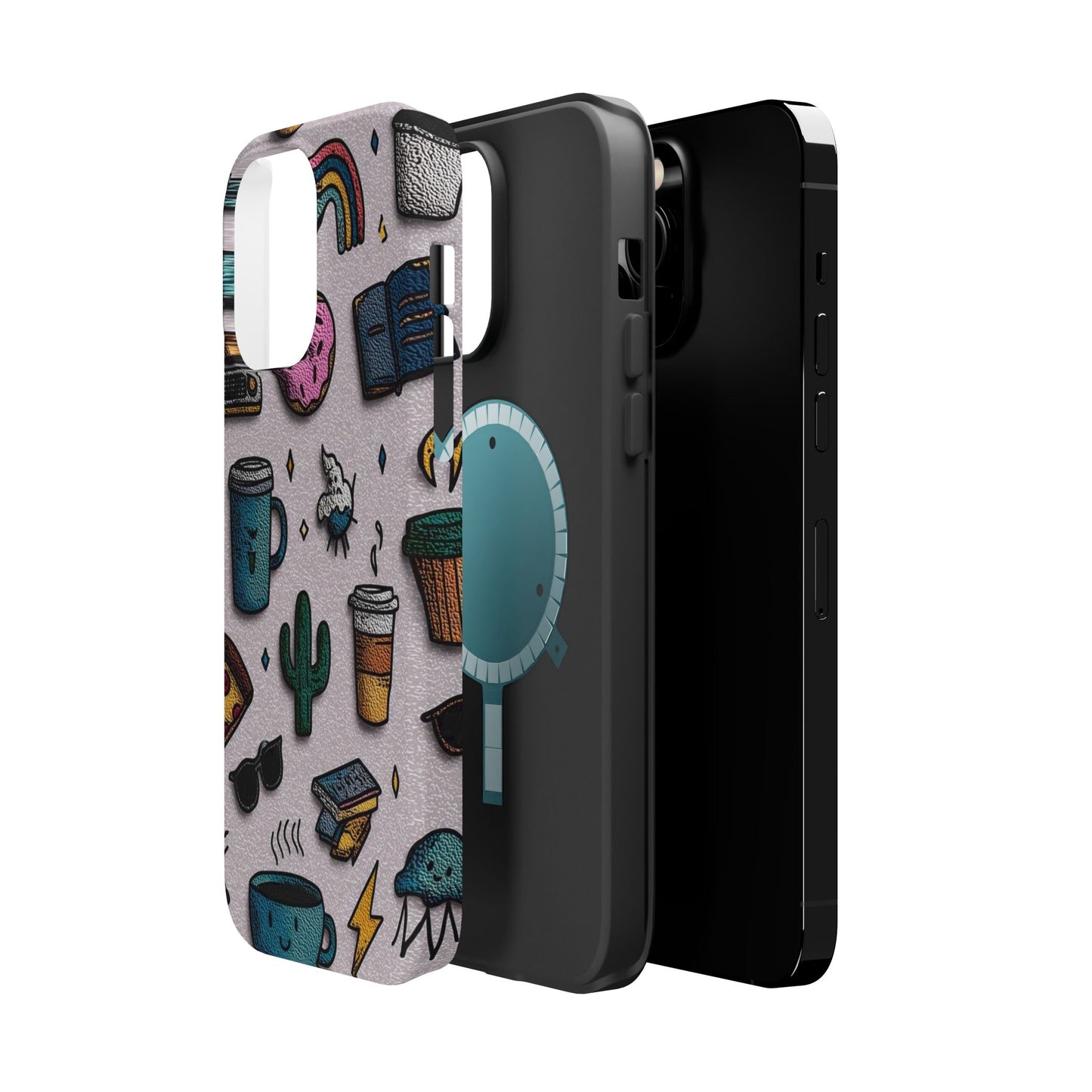 Cute Doodle Phone Case — Magnetic Impact-Resistant Design (coffee, rainbow, cactus)