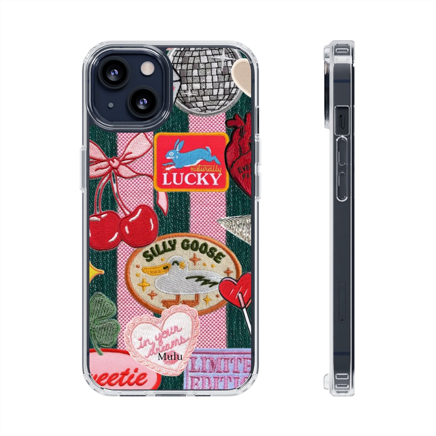 Clear Impact-Resistant Phone Case — Retro Patchwork Stickers (Lucky, Cherries, Silly Goose)