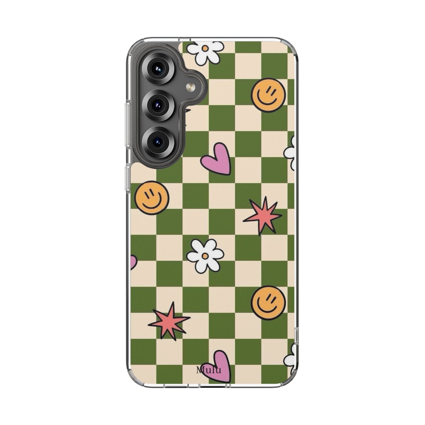 Clear Impact-Resistant Case — Retro Green Checkerboard with Smiley, Hearts & Flowers