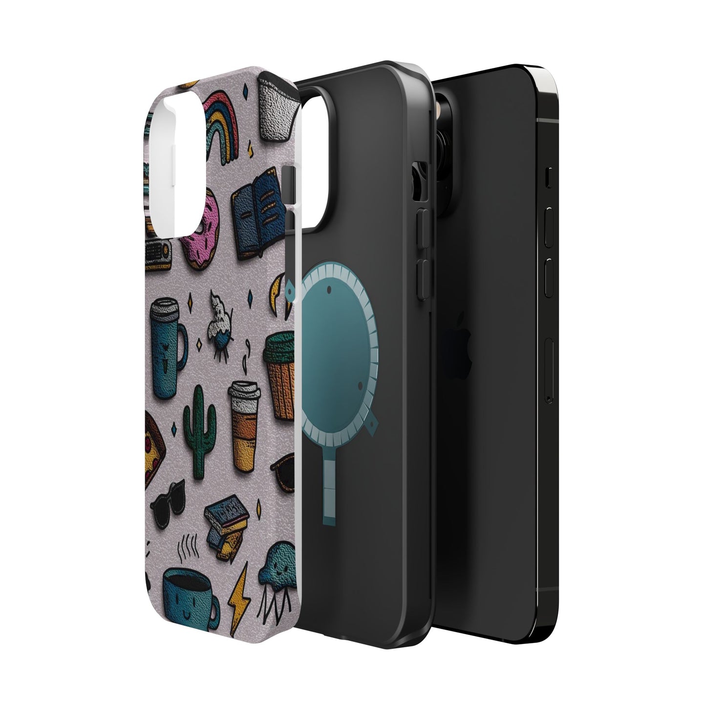 Cute Doodle Phone Case — Magnetic Impact-Resistant Design (coffee, rainbow, cactus)