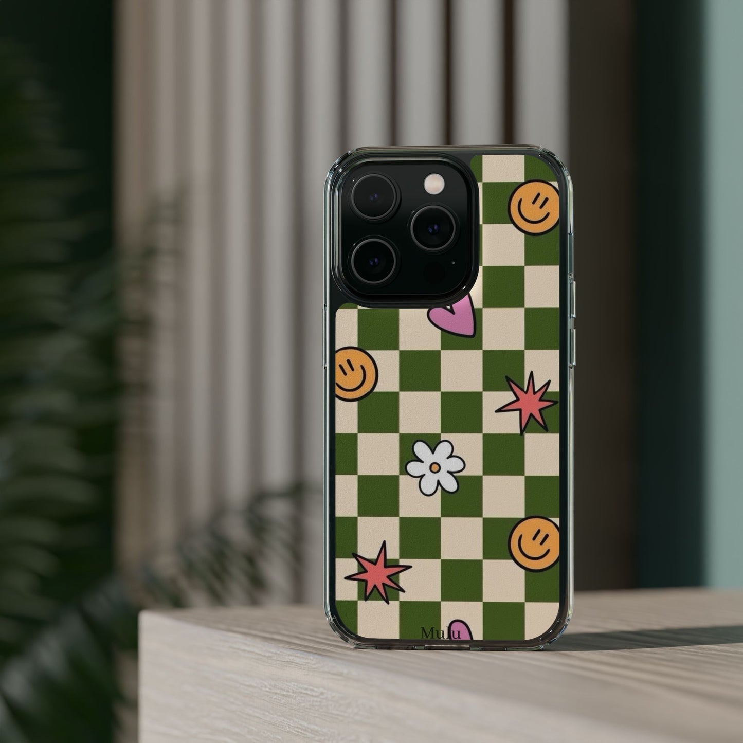 Clear Impact-Resistant Case — Retro Green Checkerboard with Smiley, Hearts & Flowers