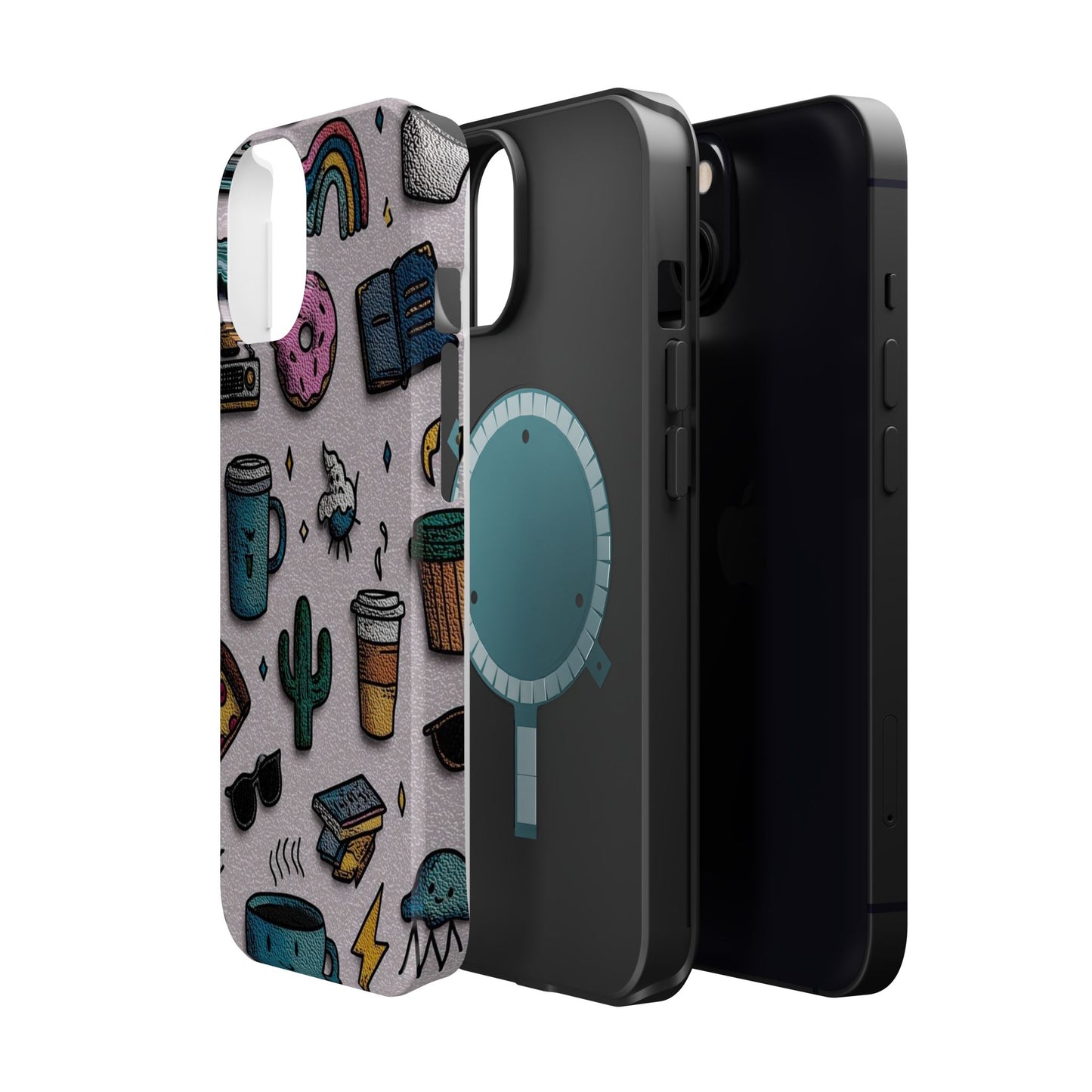 Cute Doodle Phone Case — Magnetic Impact-Resistant Design (coffee, rainbow, cactus)