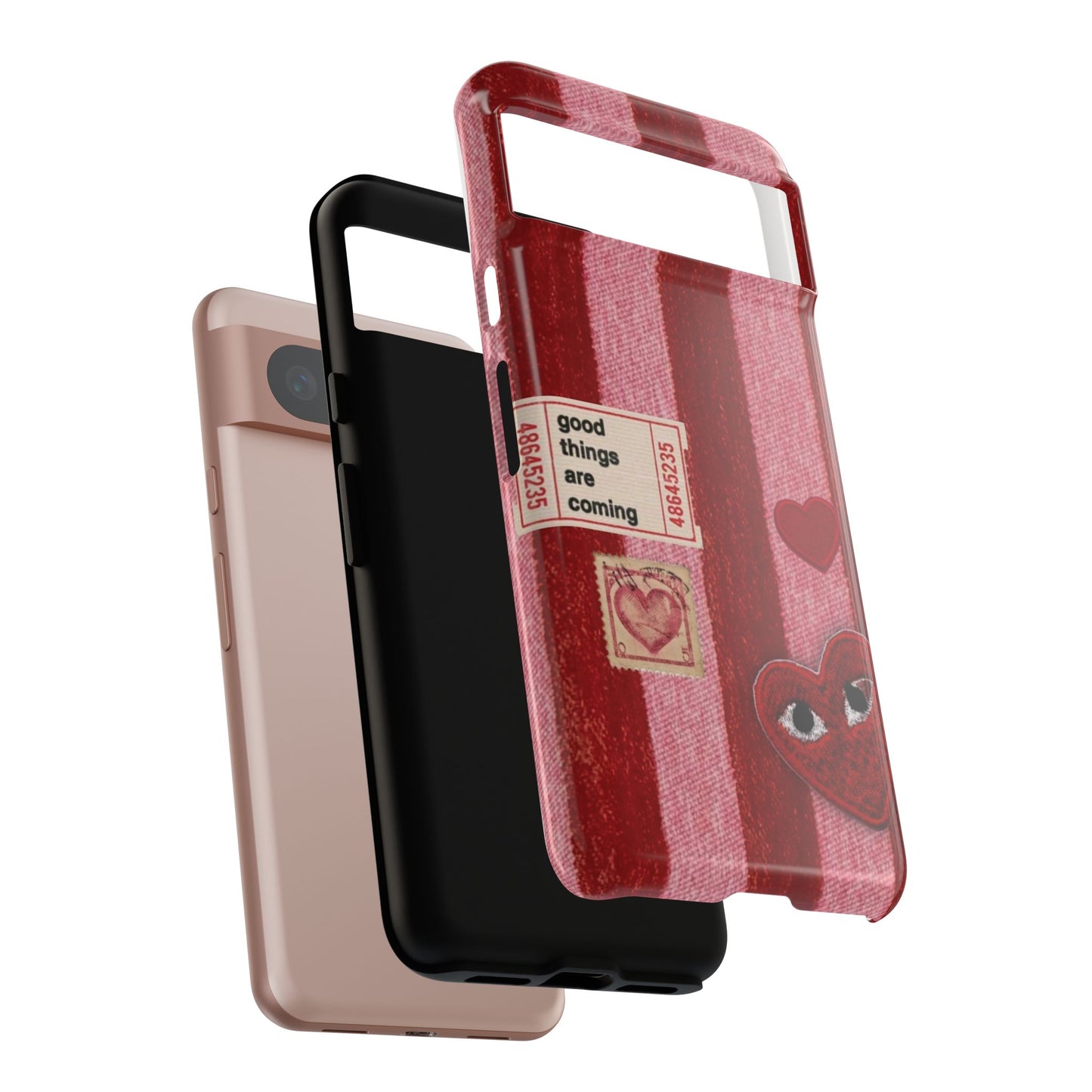 Phone Case — Red Striped Heart Design with “Good Things Are Coming”