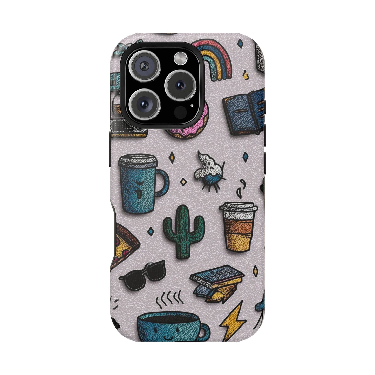 Cute Doodle Phone Case — Magnetic Impact-Resistant Design (coffee, rainbow, cactus)