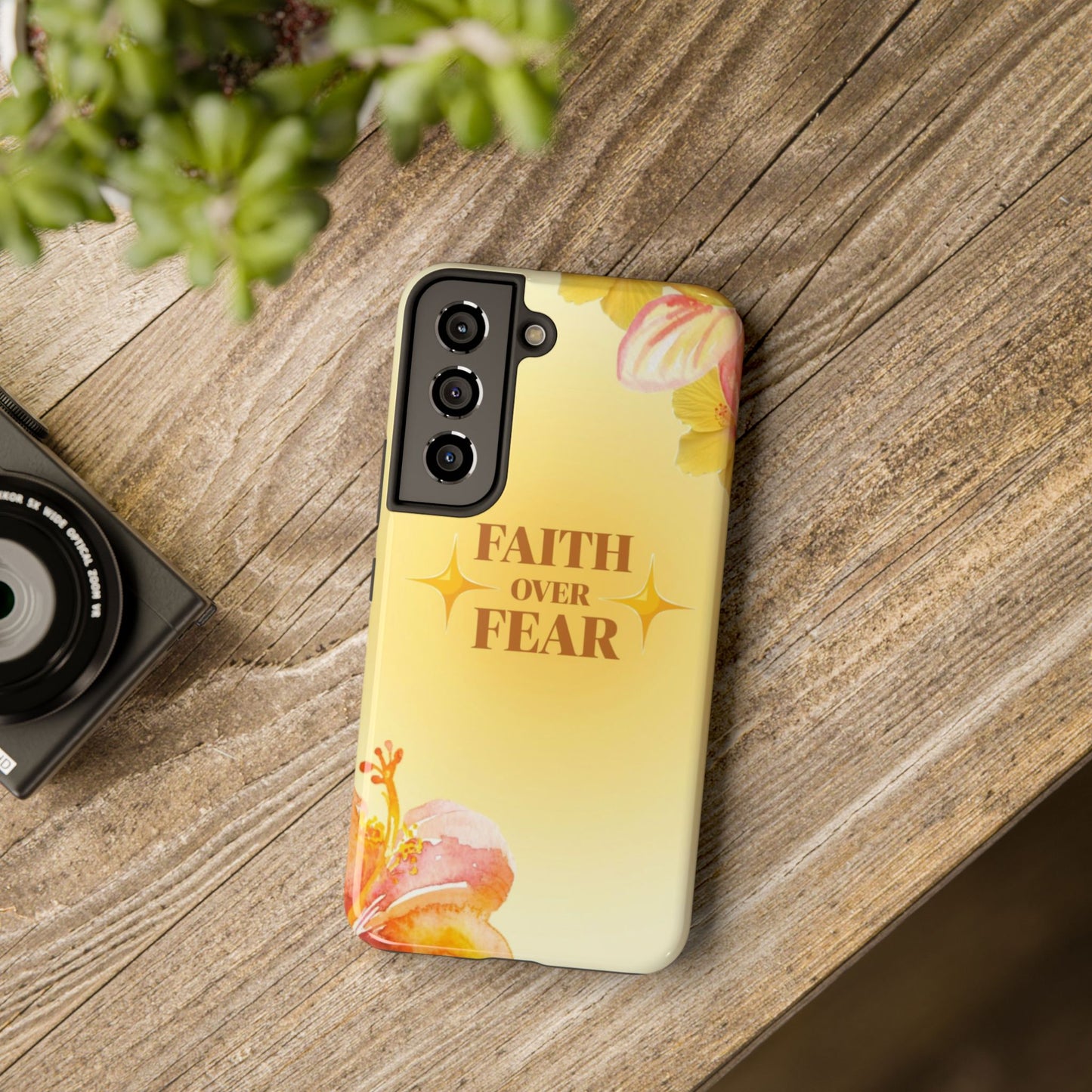 Faith Over Fear Tough Phone Case — Floral Yellow Protective Cover