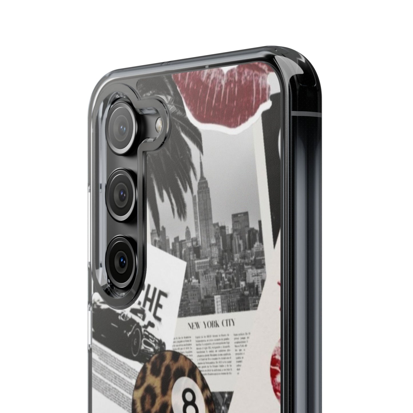 Clear Impact-Resistant Phone Case — Collage Luxury Leopard & Vintage Car Design