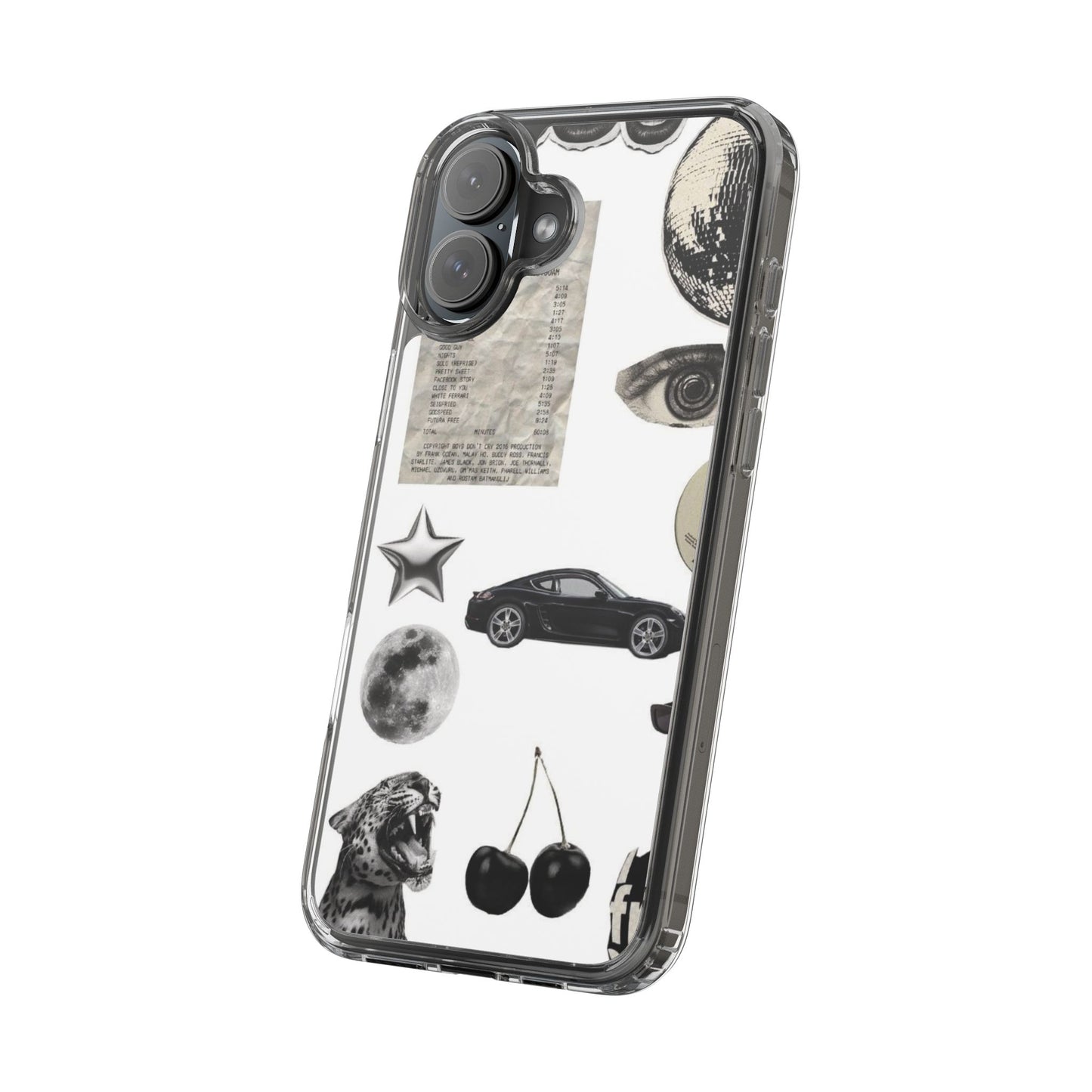 Clear Phone Case — Vintage Collage Stickers (Moon, Eye, Car, Cherries)