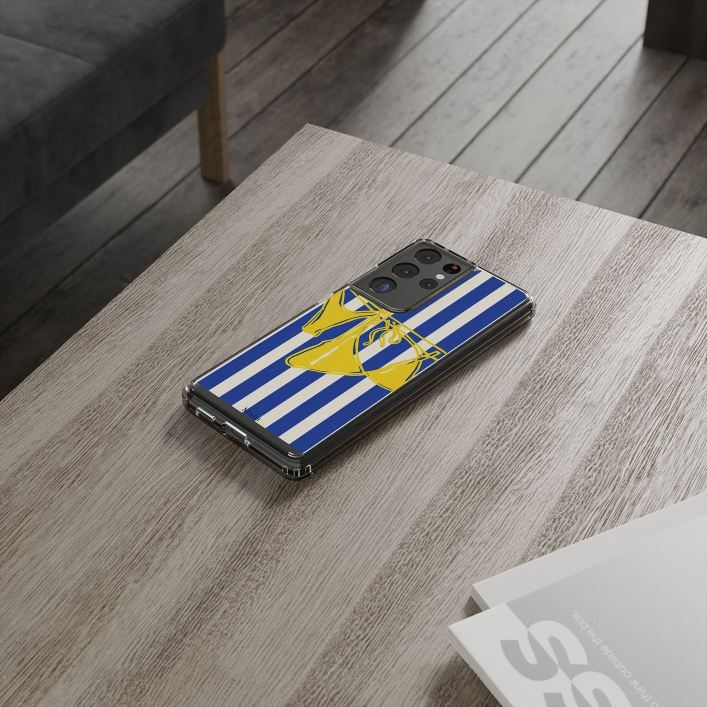 Striped Beach Bikini Phone Case — Yellow Swimwear on Blue & White Stripes, Clear Impact-Resistant
