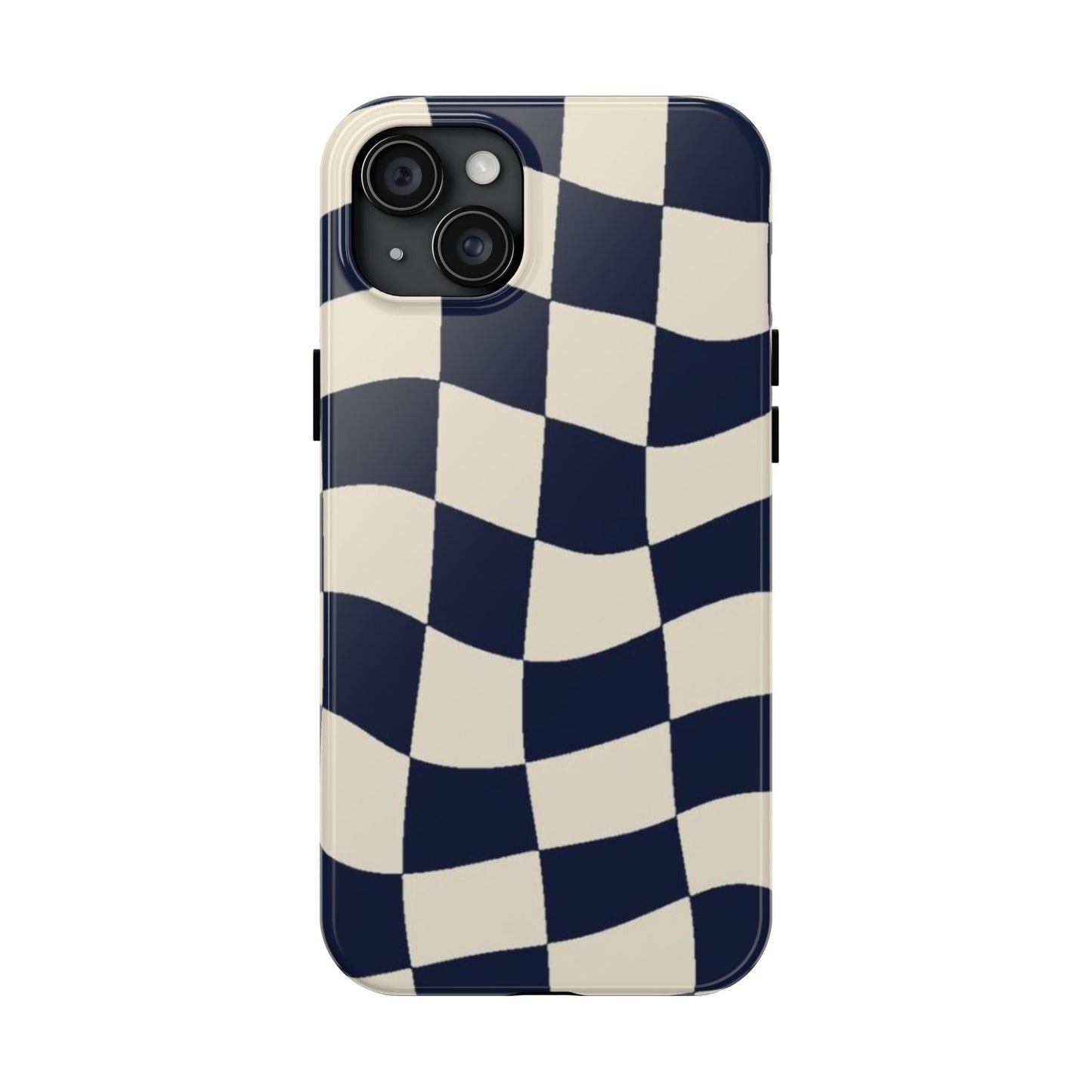 Wavy Checkerboard Tough Phone Case — Navy & Cream Protective Cover