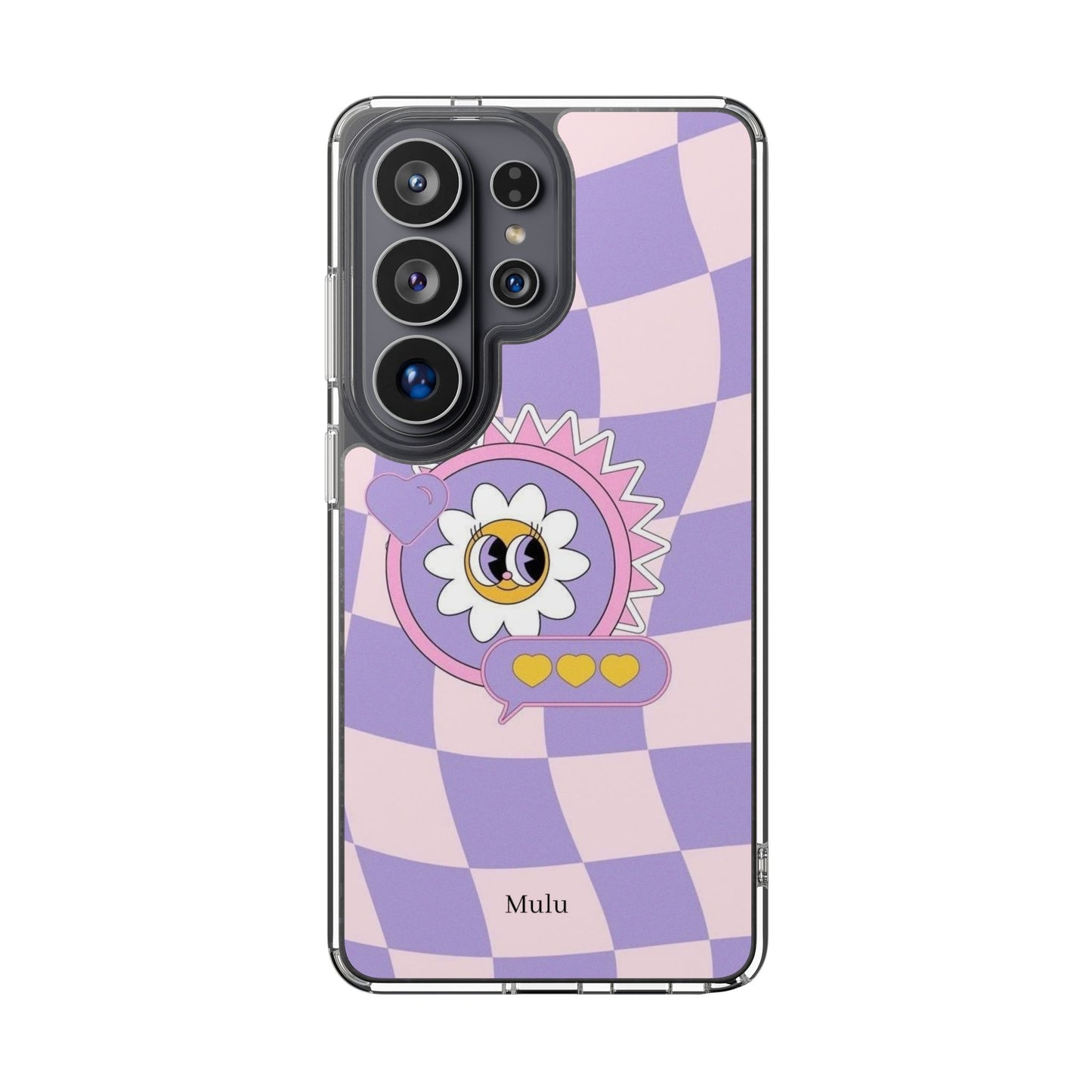 Clear Impact-Resistant Case — Cute Purple Checkerboard Dino with 'Mulu'