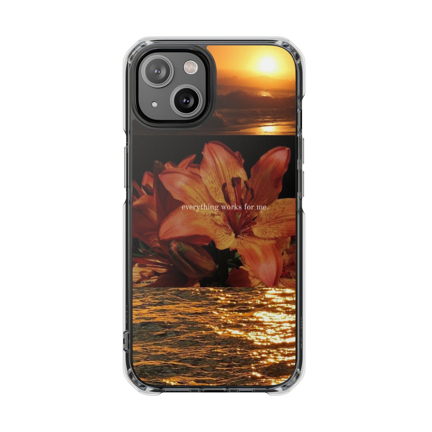 Clear Magnetic Phone Case — Sunset Lily Design ("anything waits for you")