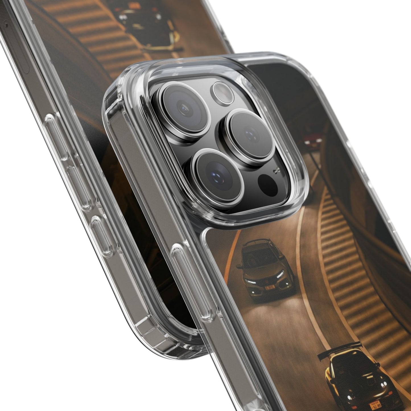 Racing Night Clear Phone Case – Sports Cars on Curved Highway