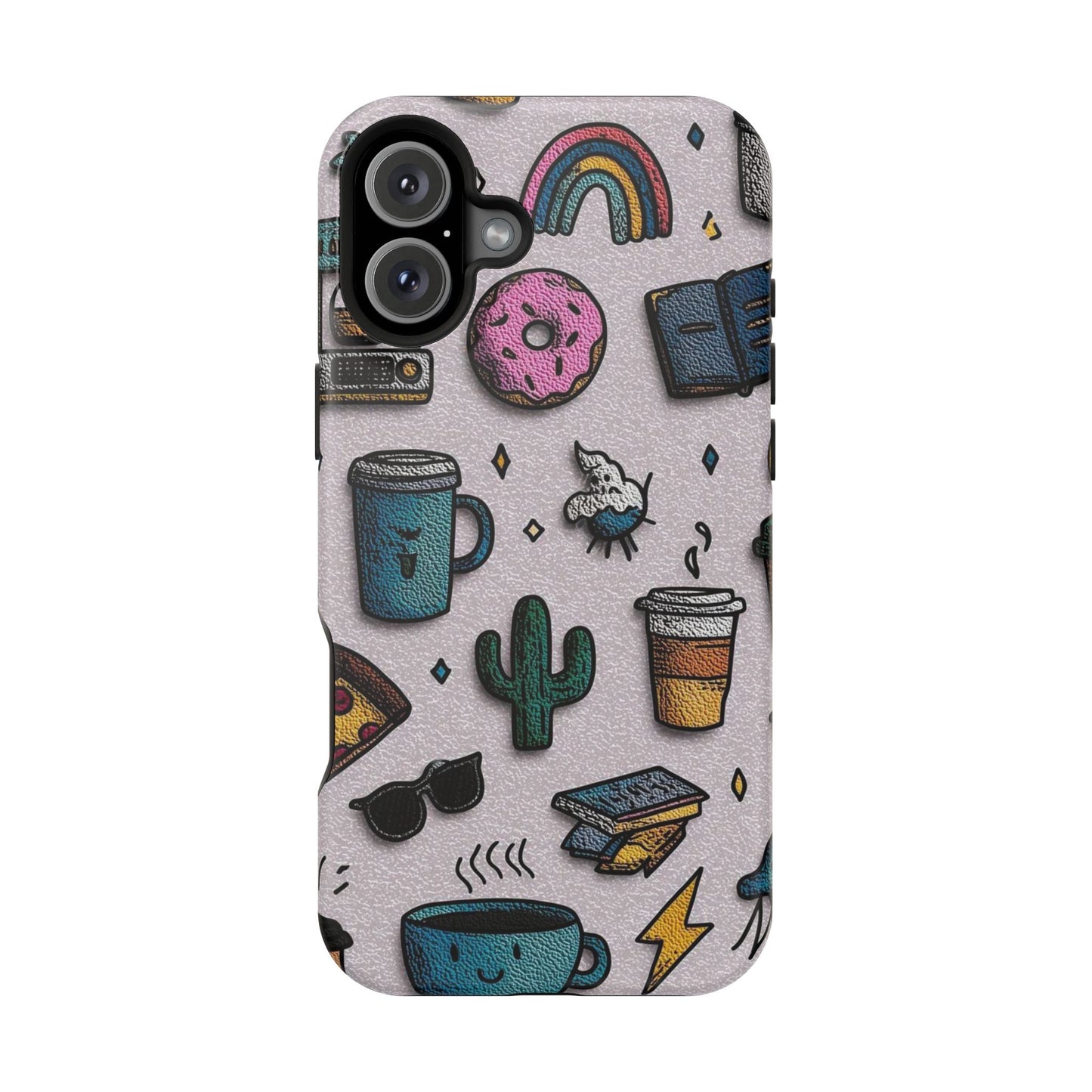 Cute Doodle Phone Case — Magnetic Impact-Resistant Design (coffee, rainbow, cactus)
