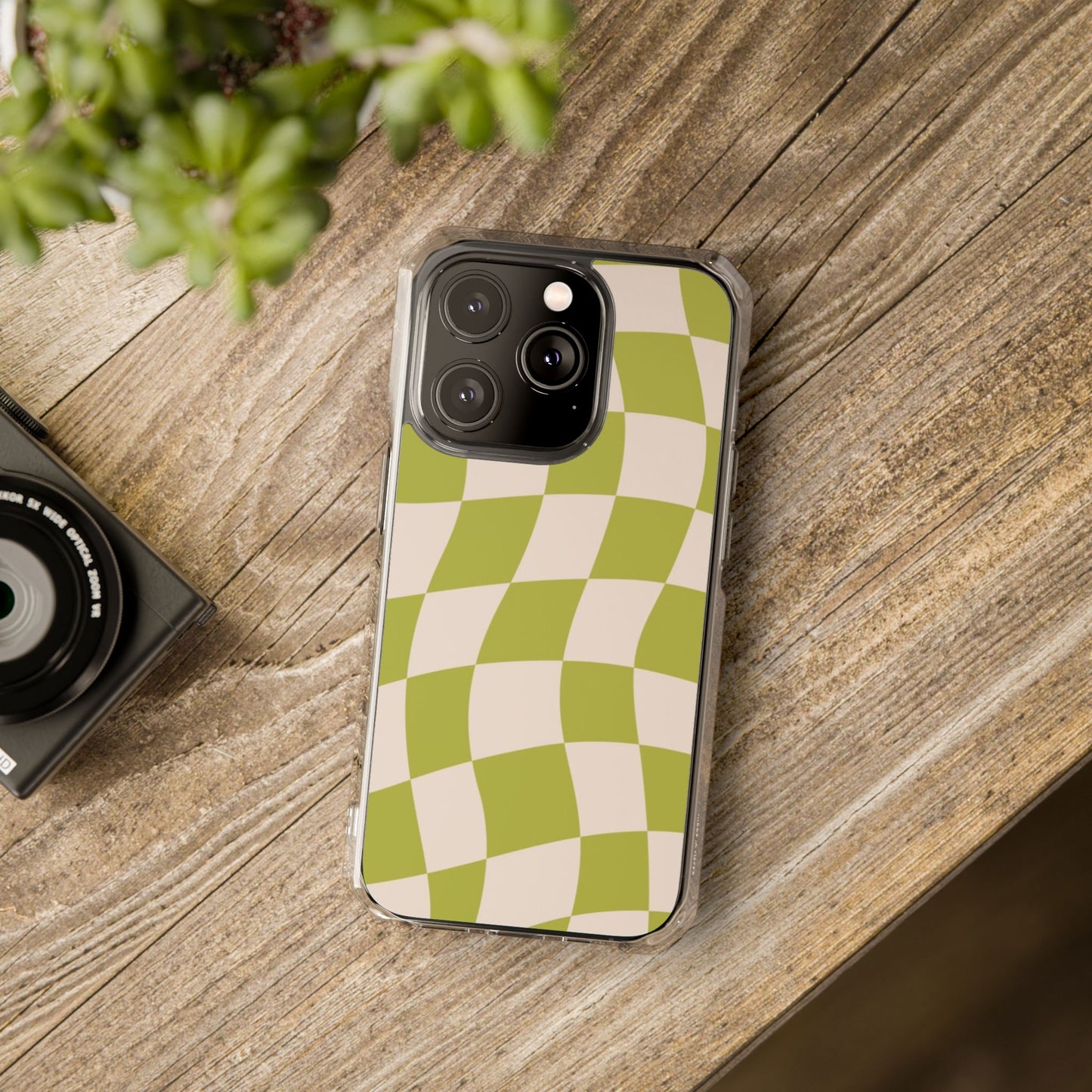 Clear Magnetic Phone Case — Olive Retro Check Pattern