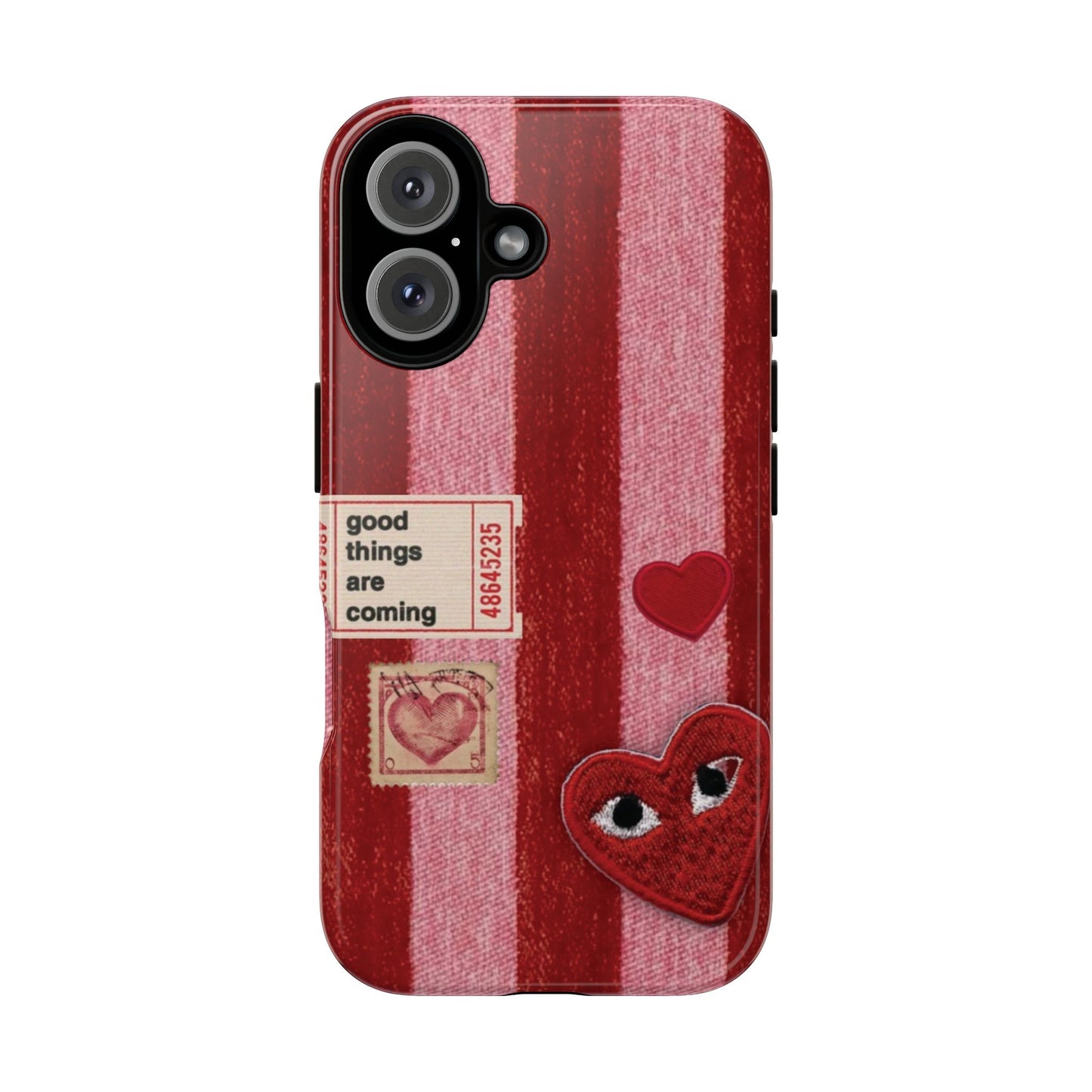 Phone Case — Red Striped Heart Design with “Good Things Are Coming”