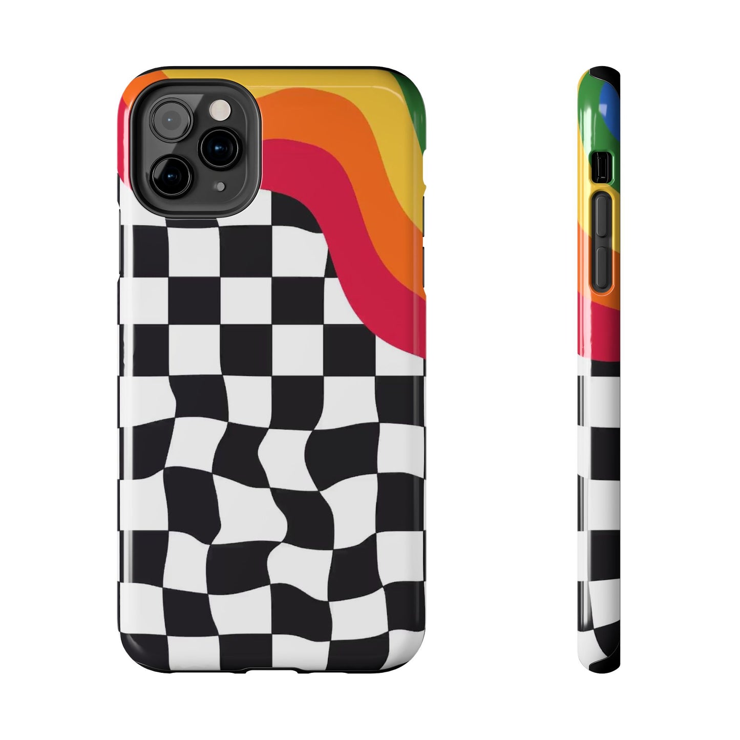 Retro Wavy Checkerboard Tough Phone Case — Rainbow Surf Skate Design