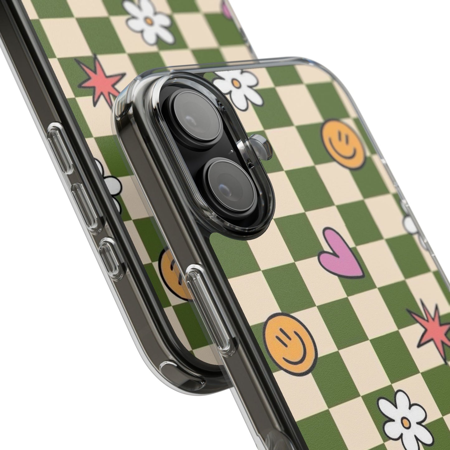 Clear Impact-Resistant Case — Retro Green Checkerboard with Smiley, Hearts & Flowers