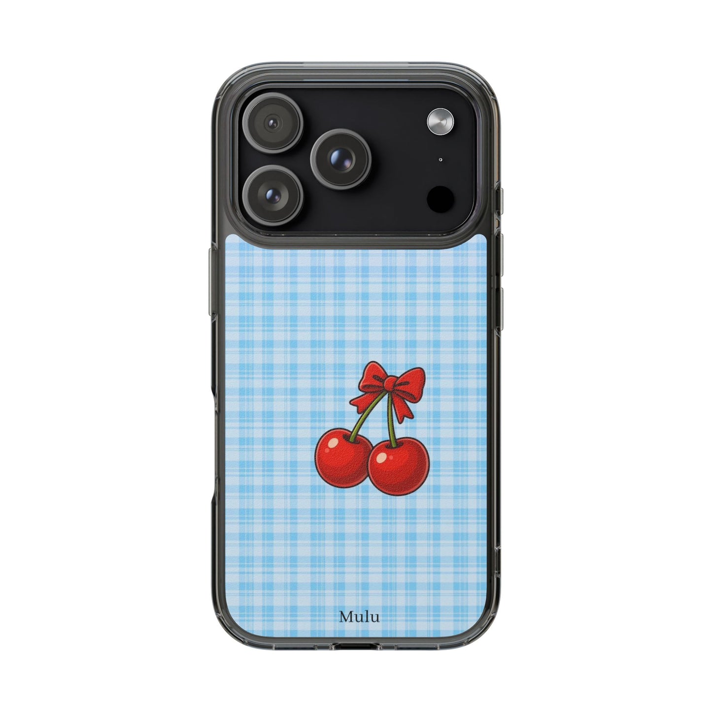 Clear Cherry Gingham Phone Case — Impact-Resistant Clear Case with Red Cherry Design