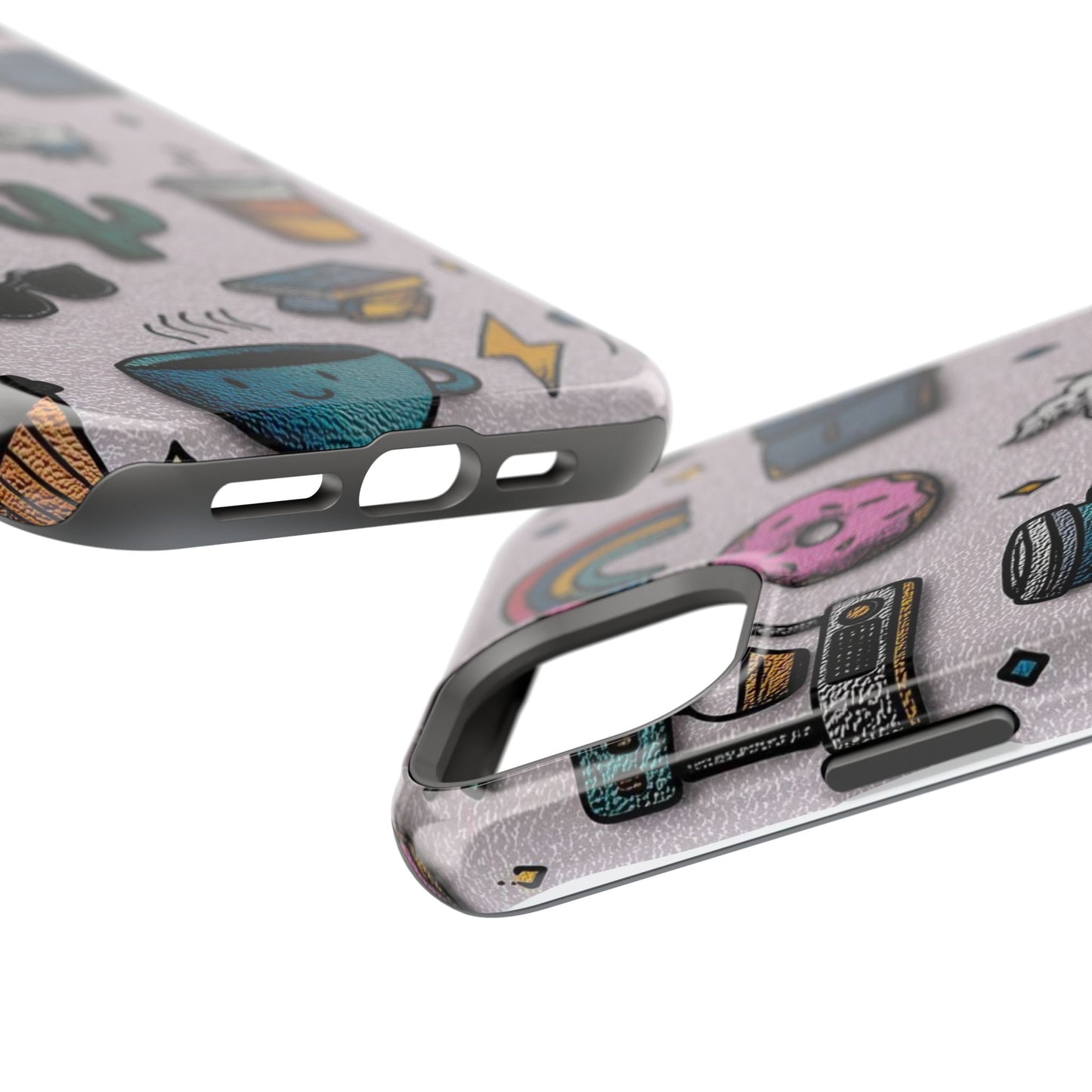 Cute Doodle Phone Case — Magnetic Impact-Resistant Design (coffee, rainbow, cactus)