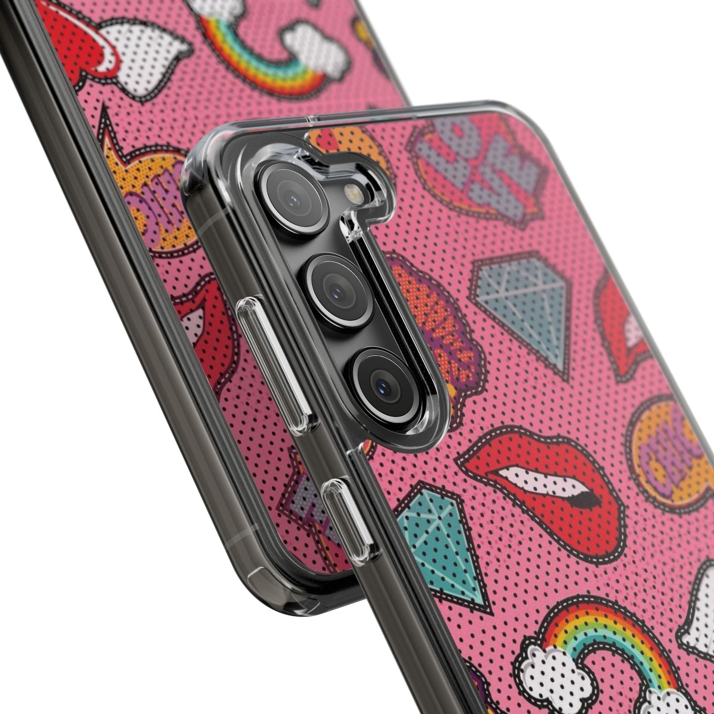 Clear Impact-Resistant Phone Case — Pink Pop Sticker Pattern (Hearts, Rainbows, Smileys)