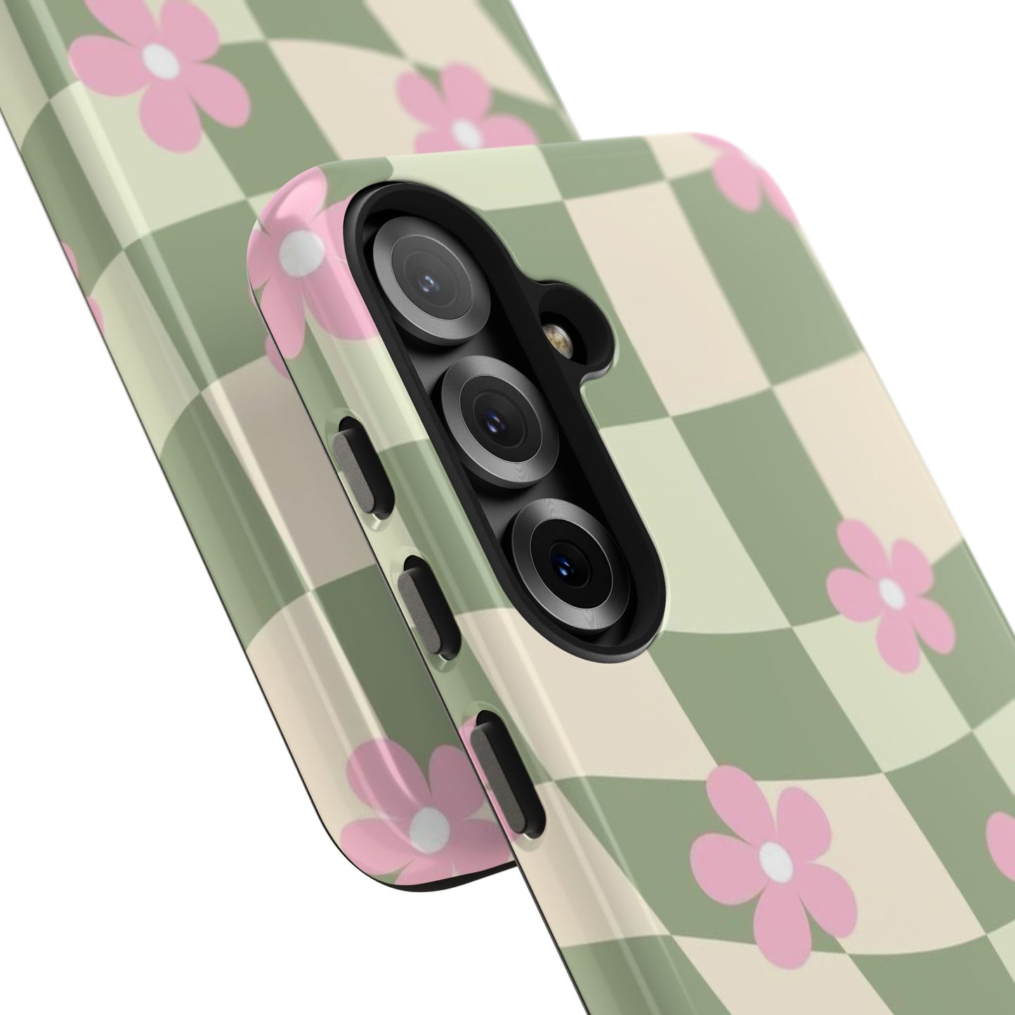 Tough Phone Case — Retro Green Checkerboard with Pink Flowers