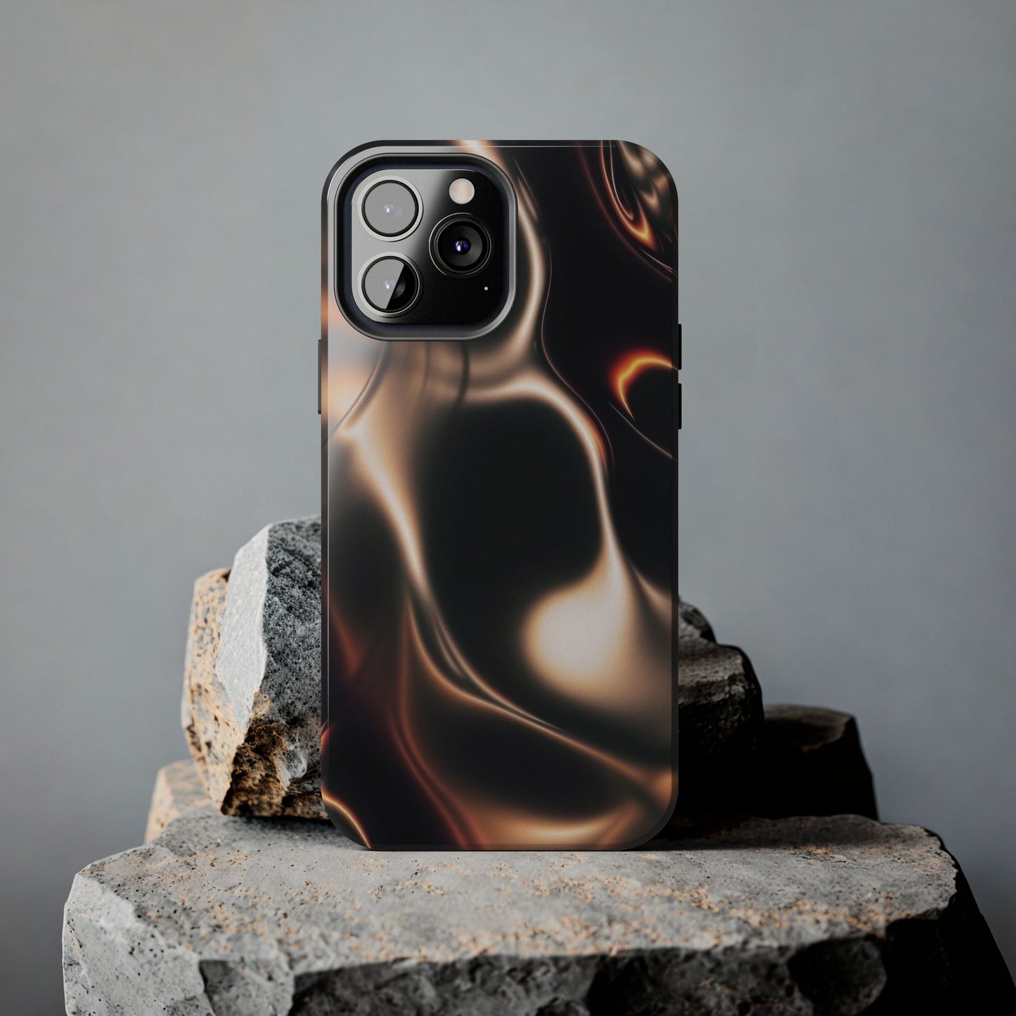 Abstract Liquid Glow Tough Phone Case — Black & Bronze Swirl Protective Cover