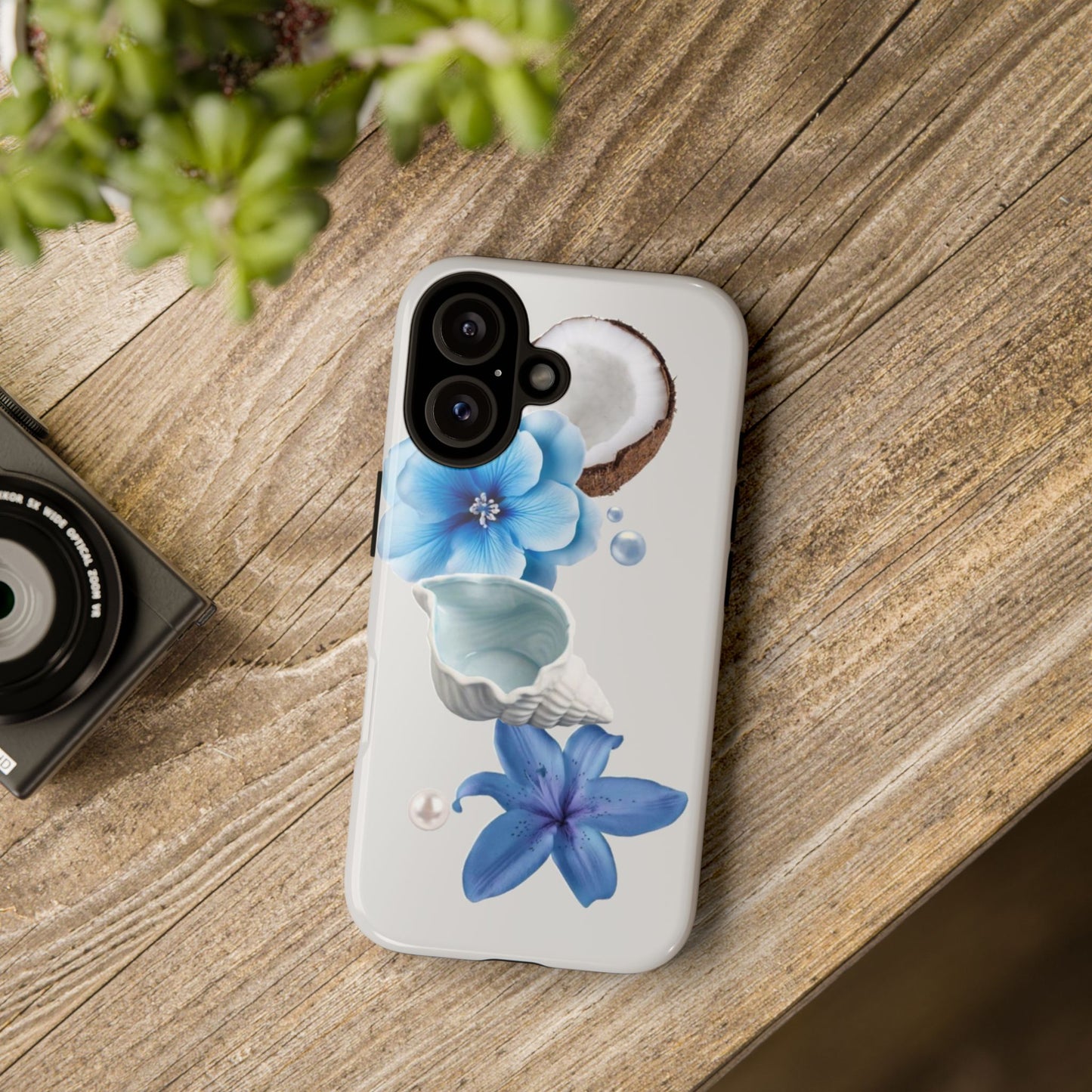 Tropical Blue Floral Phone Case — Coconut, Shell & Starfish Design