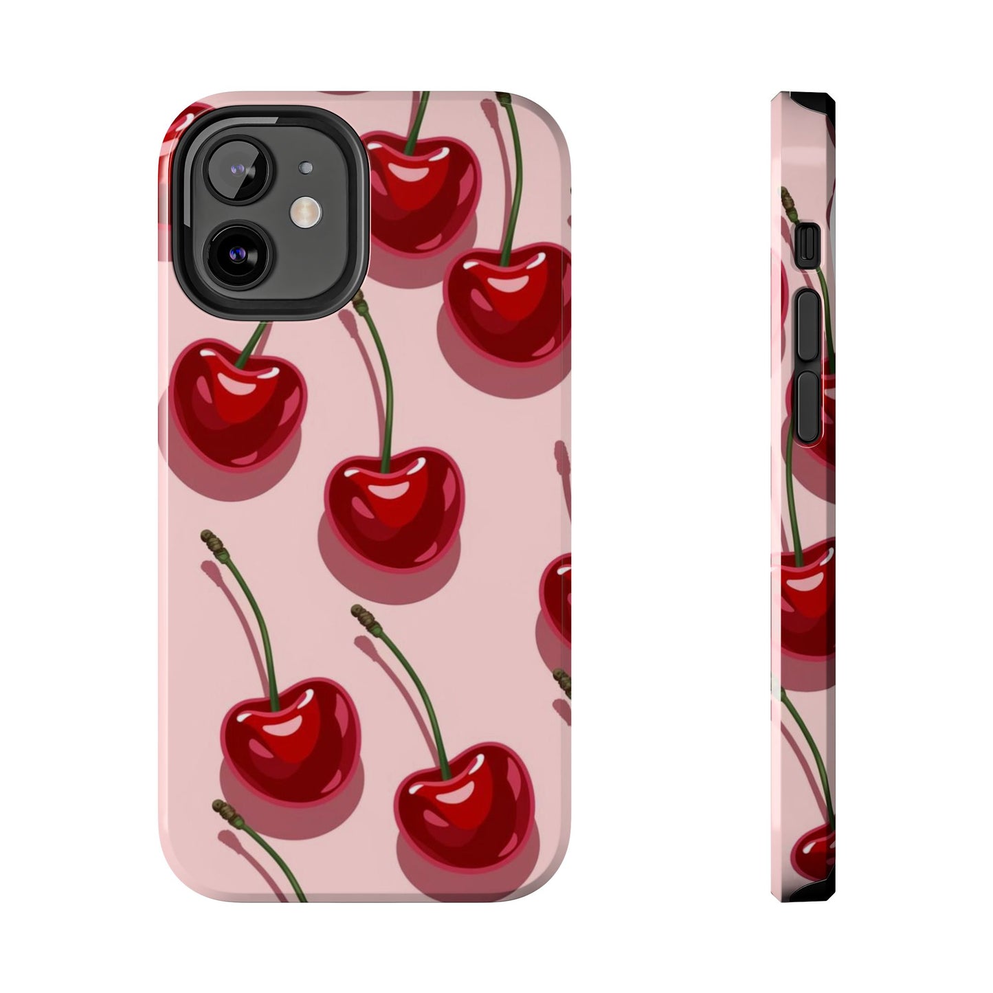 Cherry Pattern Tough Phone Case — Retro Pink Cherry Print Protective Phone Case