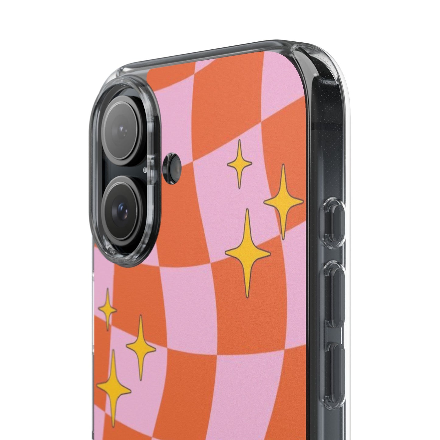 Clear Impact-Resistant Case — Retro Pink & Orange Checker with Sparkle Stars