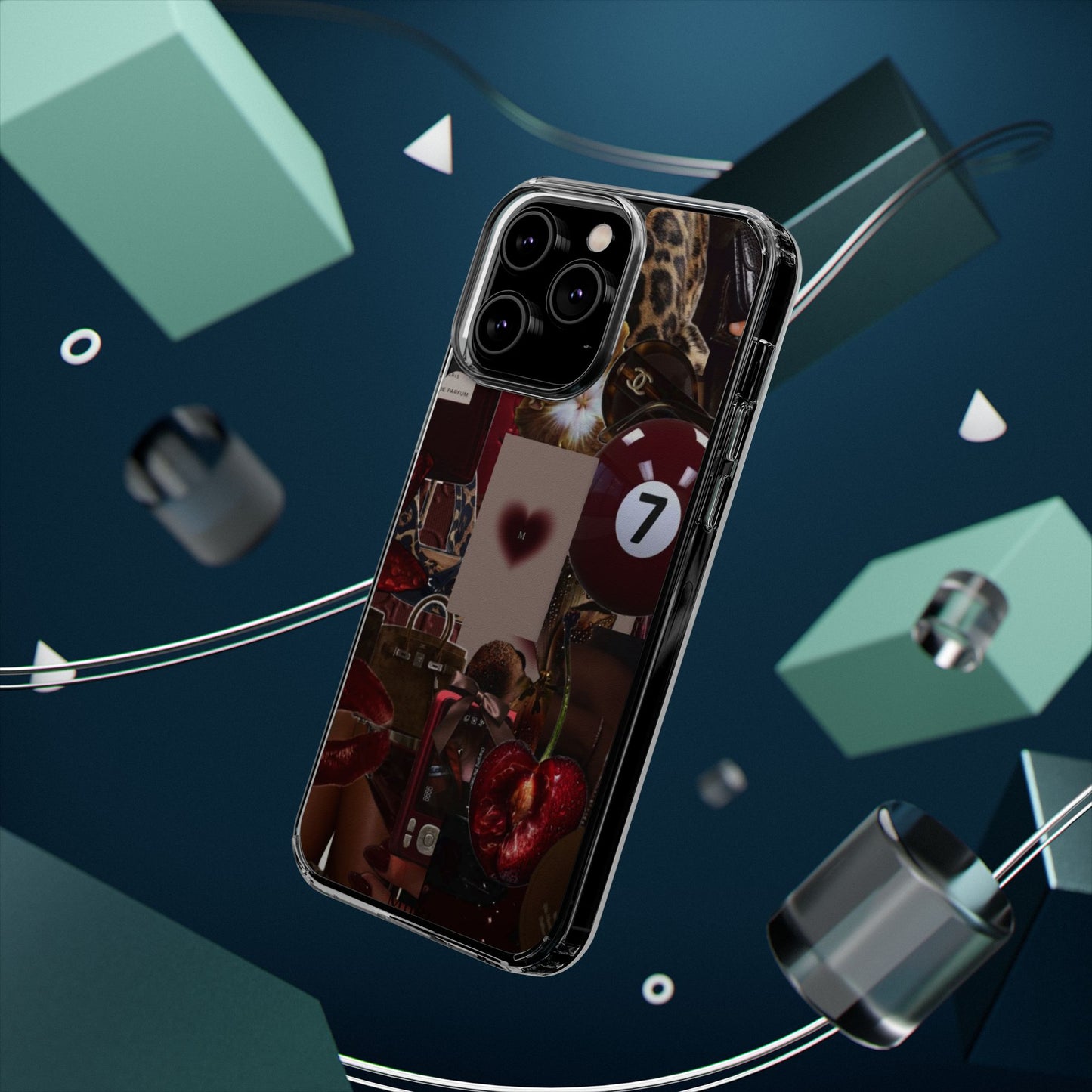 Clear Impact-Resistant Phone Case — Retro Cherry Collage Design