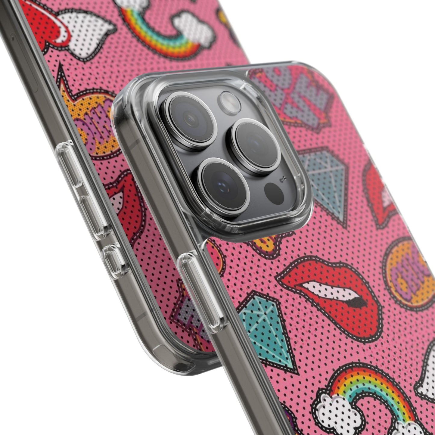 Clear Impact-Resistant Phone Case — Pink Pop Sticker Pattern (Hearts, Rainbows, Smileys)