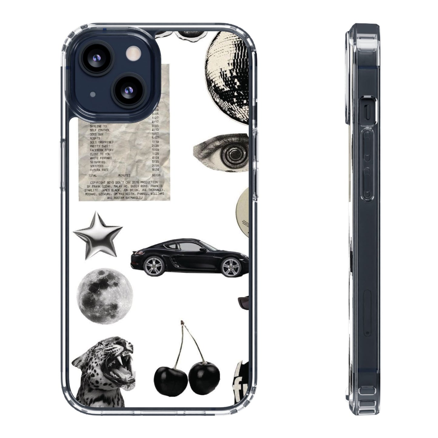 Clear Phone Case — Vintage Collage Stickers (Moon, Eye, Car, Cherries)