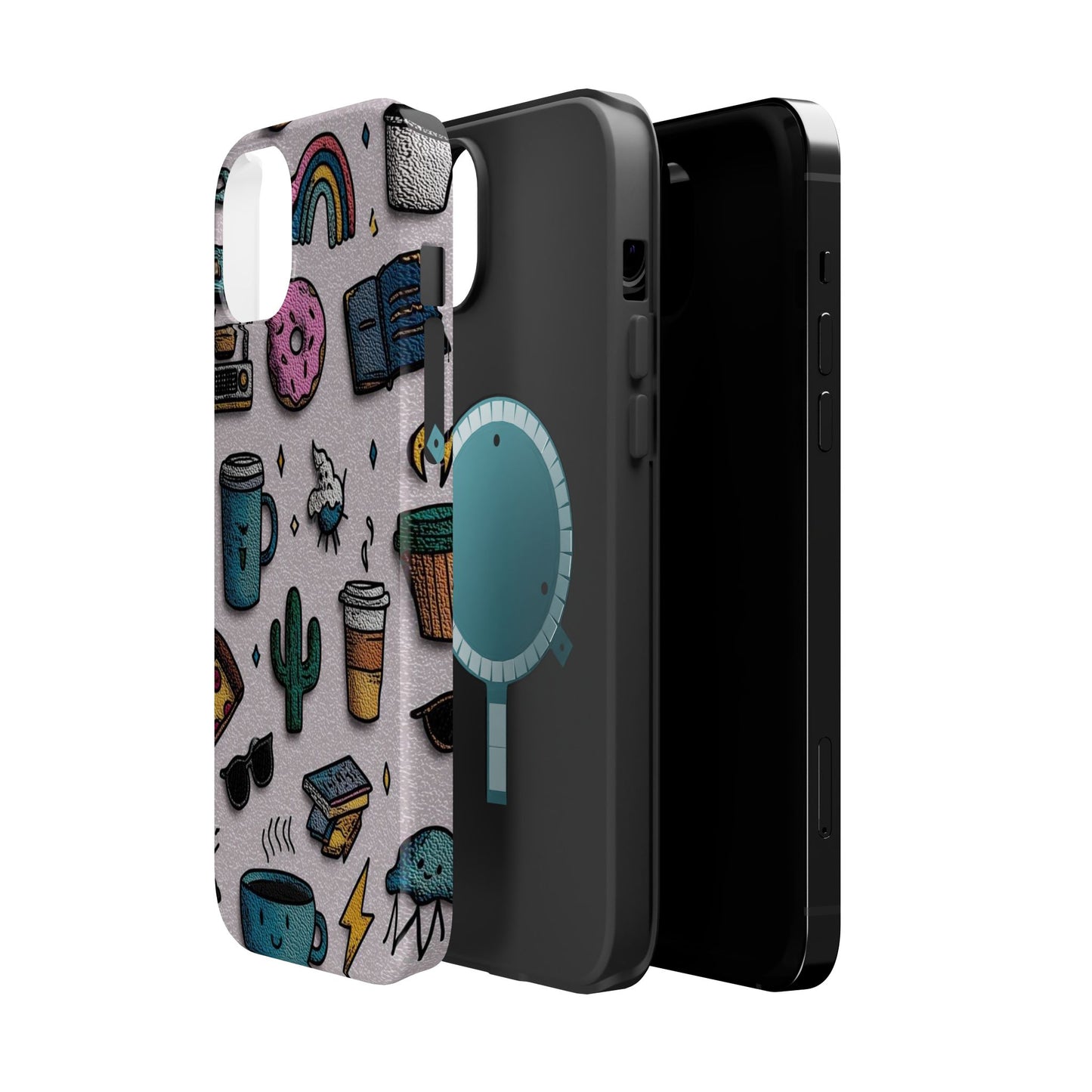 Cute Doodle Phone Case — Magnetic Impact-Resistant Design (coffee, rainbow, cactus)