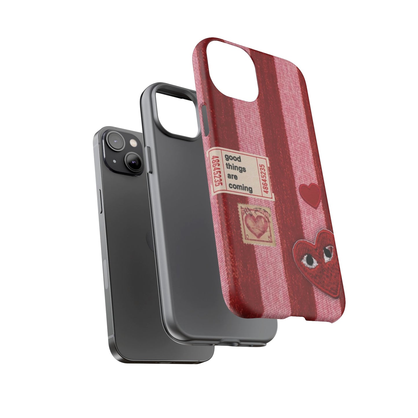 Phone Case — Red Striped Heart Design with “Good Things Are Coming”