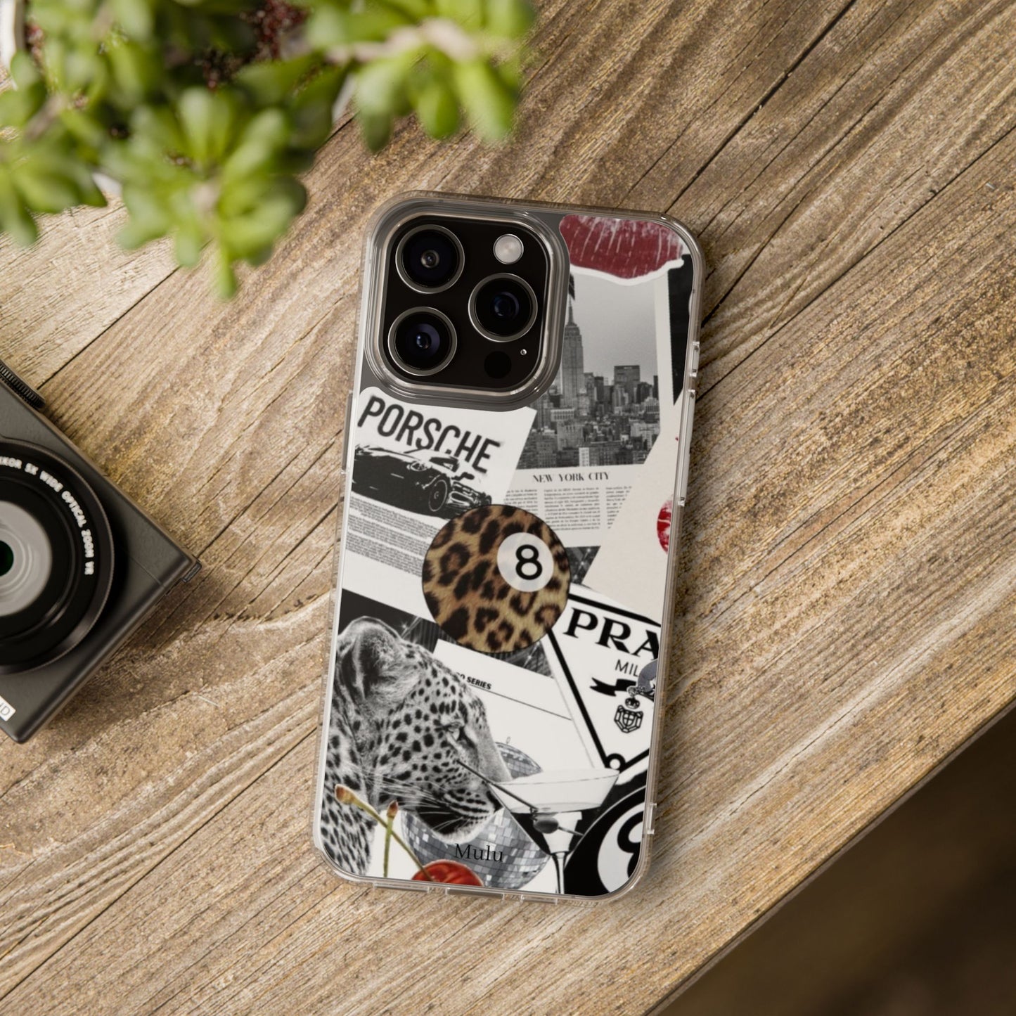 Clear Impact-Resistant Phone Case — Collage Luxury Leopard & Vintage Car Design