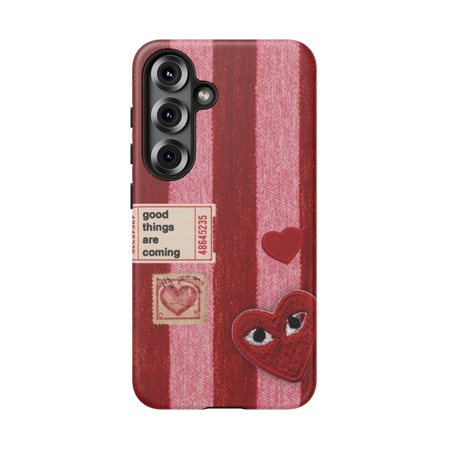 Phone Case — Red Striped Heart Design with “Good Things Are Coming”
