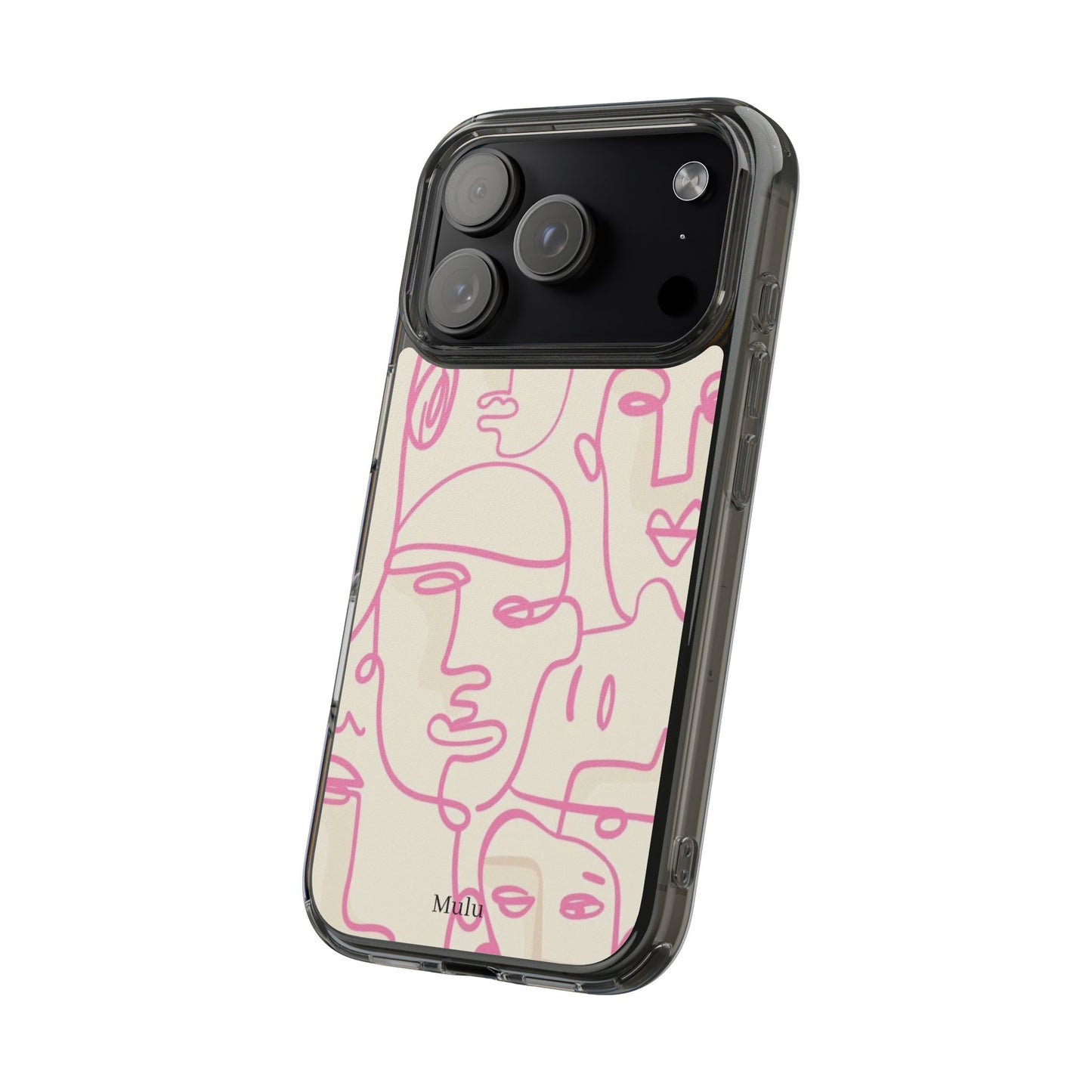 Clear Impact-Resistant Phone Case — Pink Minimalist Line Faces Design