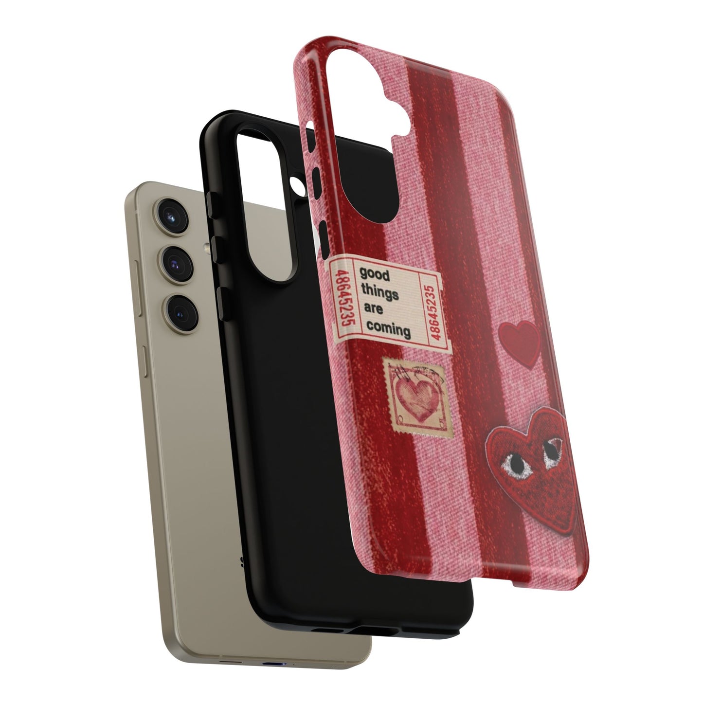 Phone Case — Red Striped Heart Design with “Good Things Are Coming”