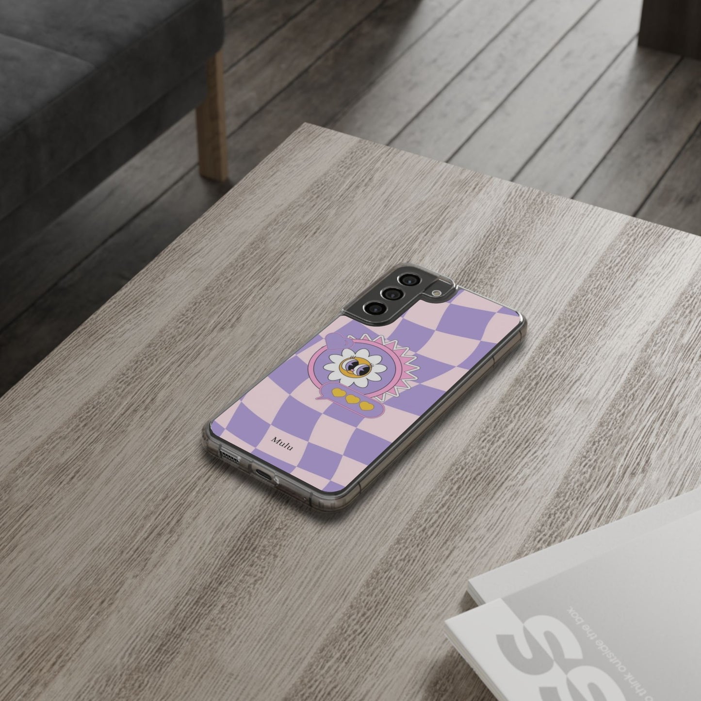 Clear Impact-Resistant Case — Cute Purple Checkerboard Dino with 'Mulu'