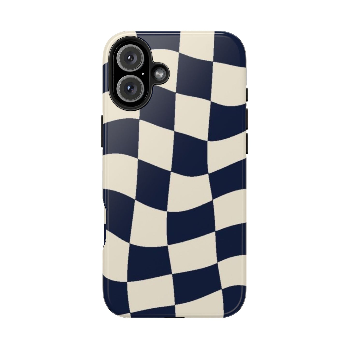 Wavy Checkerboard Tough Phone Case — Navy & Cream Protective Cover