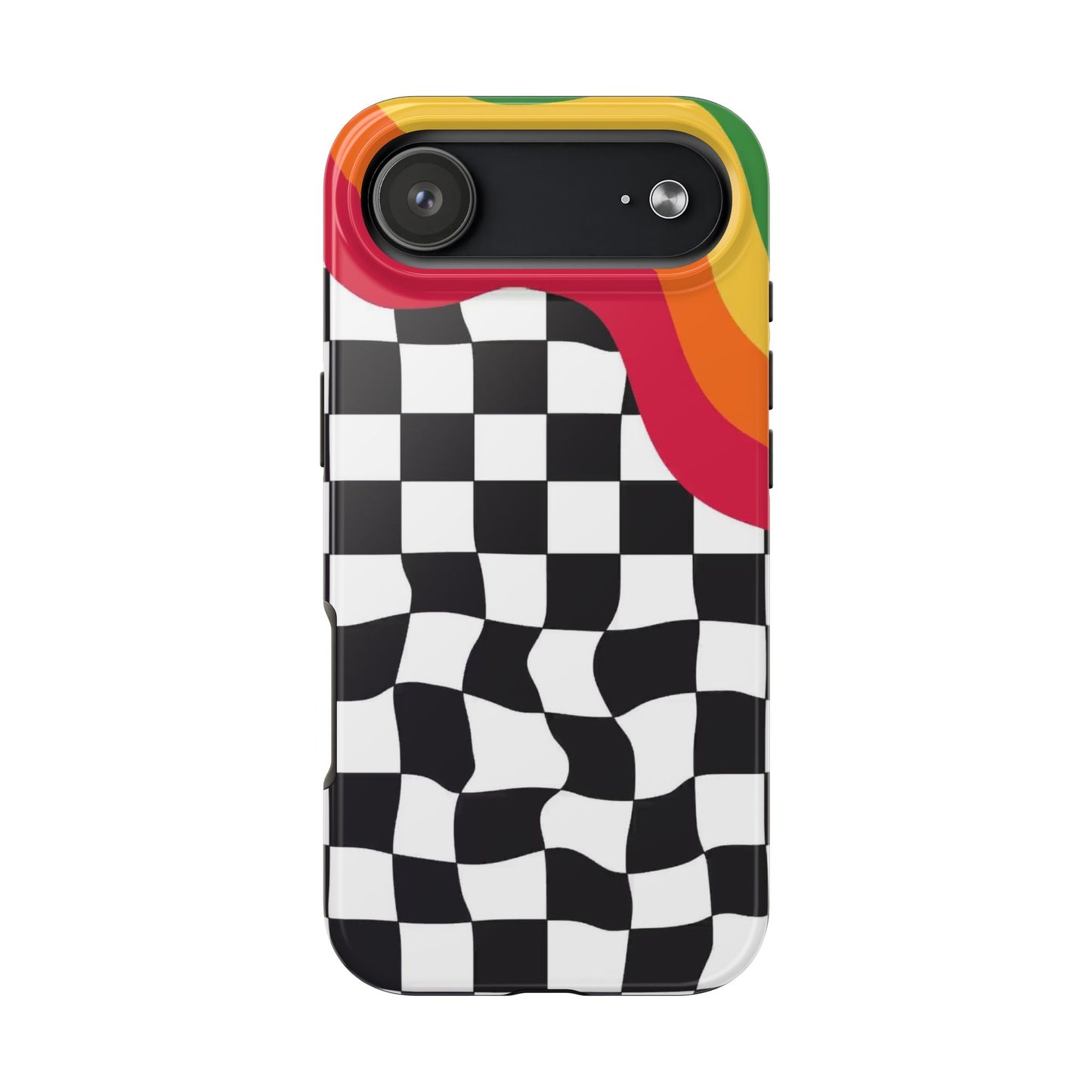 Retro Wavy Checkerboard Tough Phone Case — Rainbow Surf Skate Design