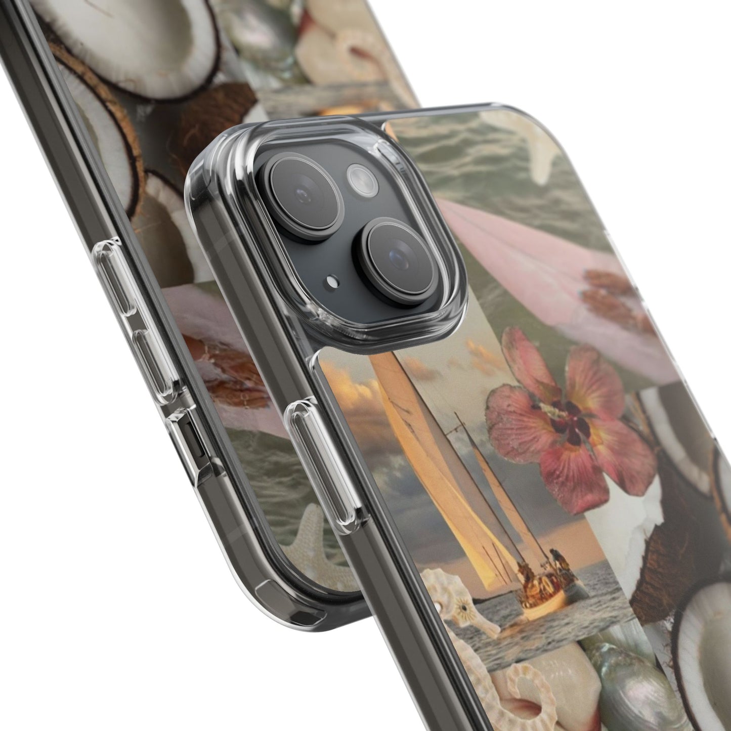 Clear Phone Case — Coastal Collage Shells & Surf Design