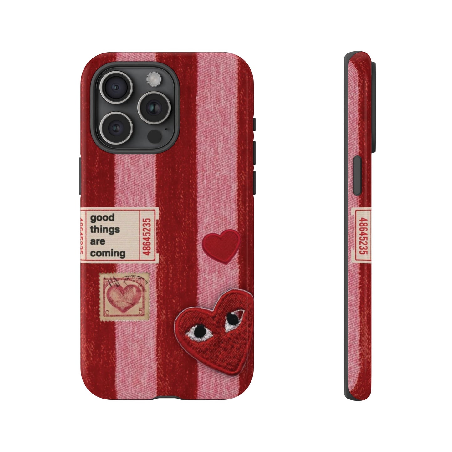 Phone Case — Red Striped Heart Design with “Good Things Are Coming”