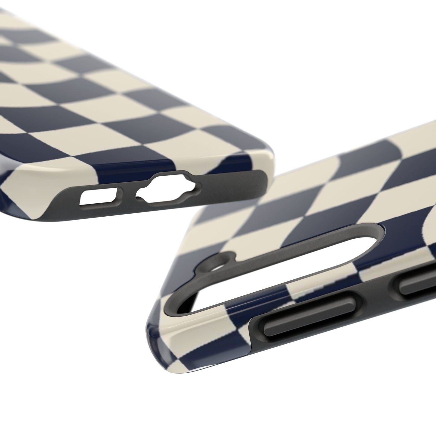 Wavy Checkerboard Tough Phone Case — Navy & Cream Protective Cover