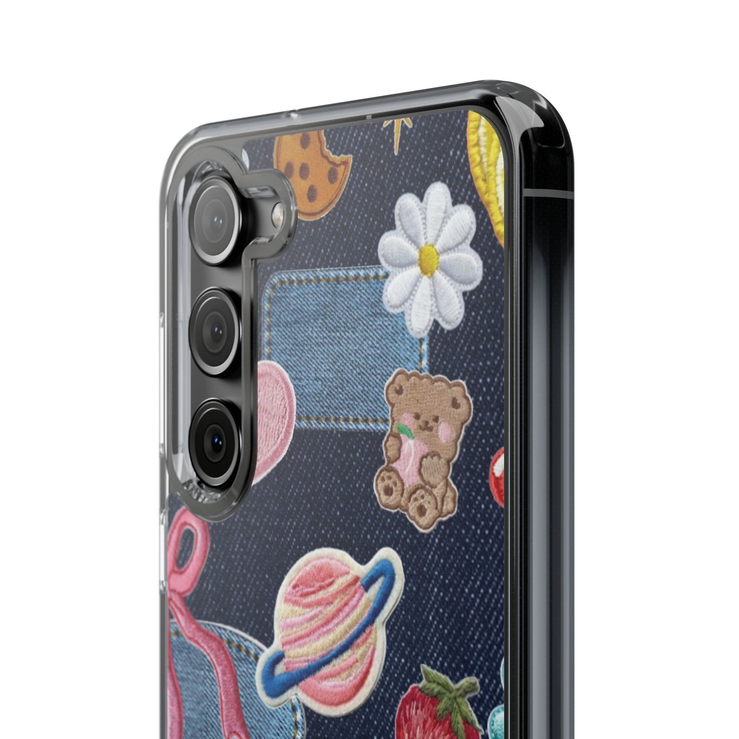 Clear Impact-Resistant Phone Case — Cute Denim Patch Collage (Teddy, Strawberry, Planet)